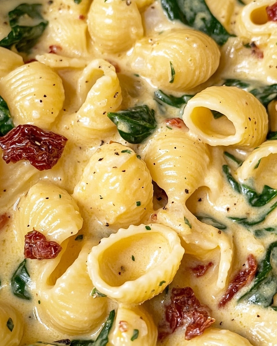 This image shows a close-up view of shell pasta mixed with a creamy sauce. The pasta shells are pale yellow and coated in a thick, smooth, creamy sauce with a slightly orange tint. There are green spinach leaves scattered throughout, adding a fresh, vibrant touch. Small pieces of dried red tomatoes are mixed in, providing contrast with their darker red color. The sauce looks rich and creamy with tiny herbs sprinkled all over. The overall texture appears soft and smooth with a good mix of colors from the ingredients. Photo taken with an iphone --ar 4:5 --v 6.1