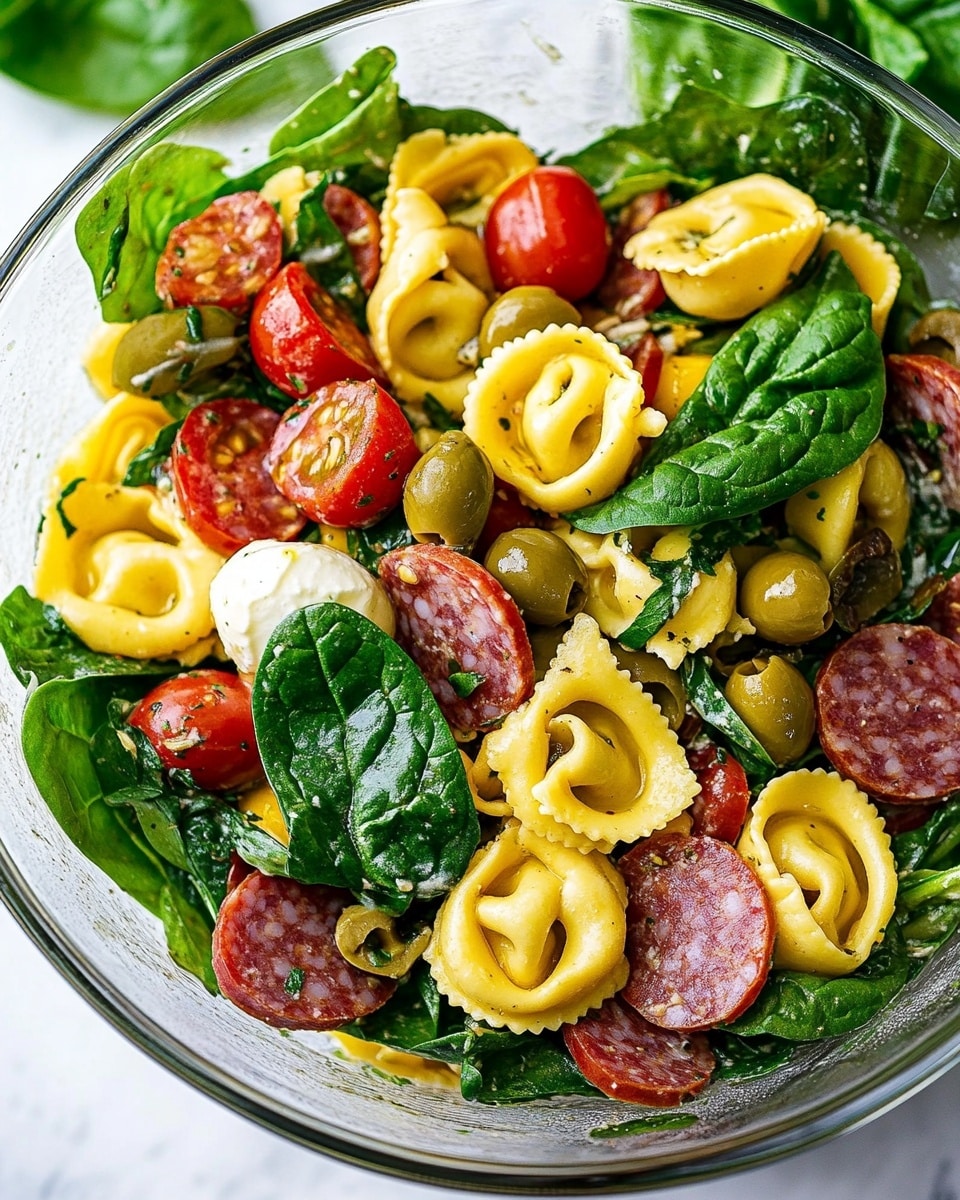 The image shows a clear glass bowl filled with a colorful salad. The salad has three main layers: bright green fresh spinach leaves spread throughout, small yellowish pasta pockets or tortellinis, and thin dark reddish strips of salami mixed evenly. There are also halved red and yellow cherry tomatoes scattered around and small round white cheese balls. The textures range from smooth pasta to leafy spinach and firm salami strips, all mixed together. The bowl is placed on a white marbled surface with a green basil leaf visible at the top right corner. Photo taken with an iphone --ar 4:5 --v 6.1