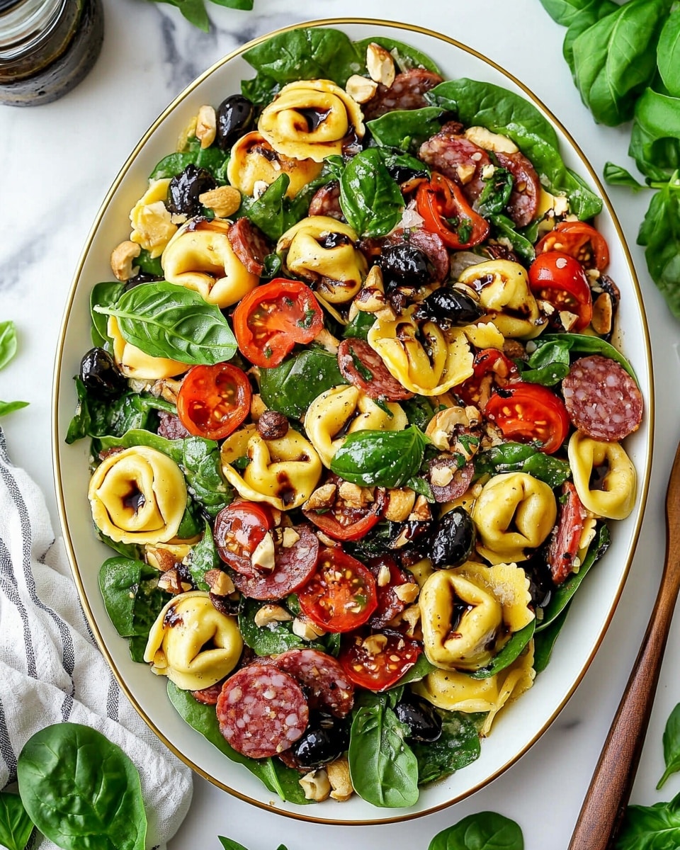 A large white oval plate filled with a layered salad. The bottom layer is fresh dark green spinach leaves spread evenly. On top, there are many golden-yellow tortellinis with browned spots, mixed in with thin, reddish-brown strips of sausage. Bright red and orange cherry tomato halves are scattered throughout. Small round white cheese balls and dark green olives add more color and texture. Fresh green basil leaves are placed on top, giving a leafy garnish. Thin pale beige cheese shavings are spread lightly across the dish. The salad has a light drizzle of a dark balsamic glaze. The plate is set on a white marbled surface with a stack of white plates and some fresh basil leaves to the side. Photo taken with an iphone --ar 4:5 --v 6.1