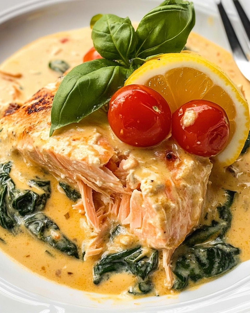 The image shows three large grilled salmon pieces in a black skillet, each piece having a light golden-brown seared surface with visible grill marks and black pepper specks. They rest in a creamy sauce that is pale yellow with a smooth, slightly thick texture, mixed with bright green spinach leaves and red cherry tomato halves scattered around. Some fresh green basil leaves are placed on top and around the salmon, adding a fresh touch. The background is changed to a white marbled texture. photo taken with an iphone --ar 4:5 --v 6.1