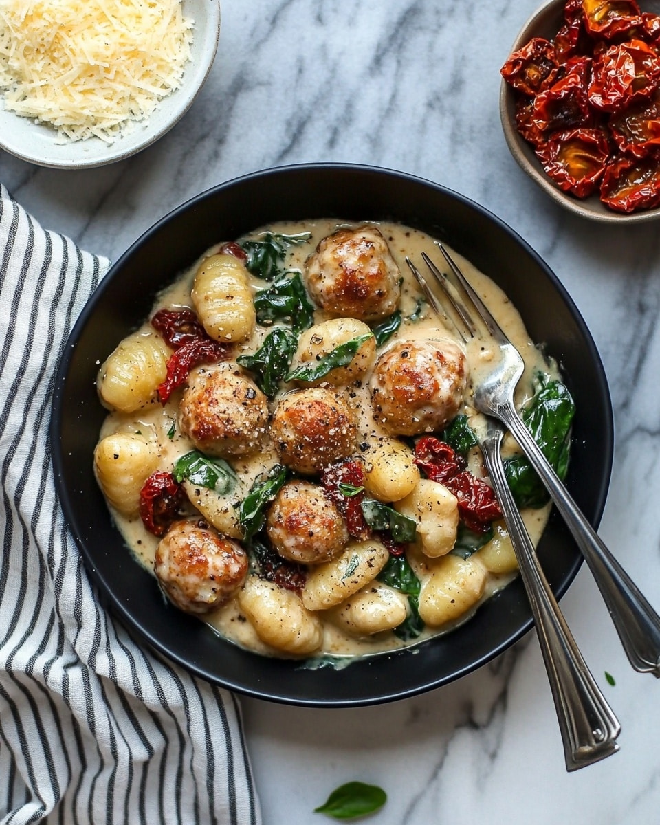 The image shows a dark gray oval dish filled with creamy sauce, small golden-brown meatballs, tender gnocchi, and fresh green spinach leaves mixed throughout. The sauce is thick and off-white with specks of red chili flakes and herbs. A silver spoon stands inside the dish, partially covered by the creamy mixture. The dish sits on a white marbled surface with a soft natural light highlighting the textures and colors. photo taken with an iphone --ar 4:5 --v 6.1