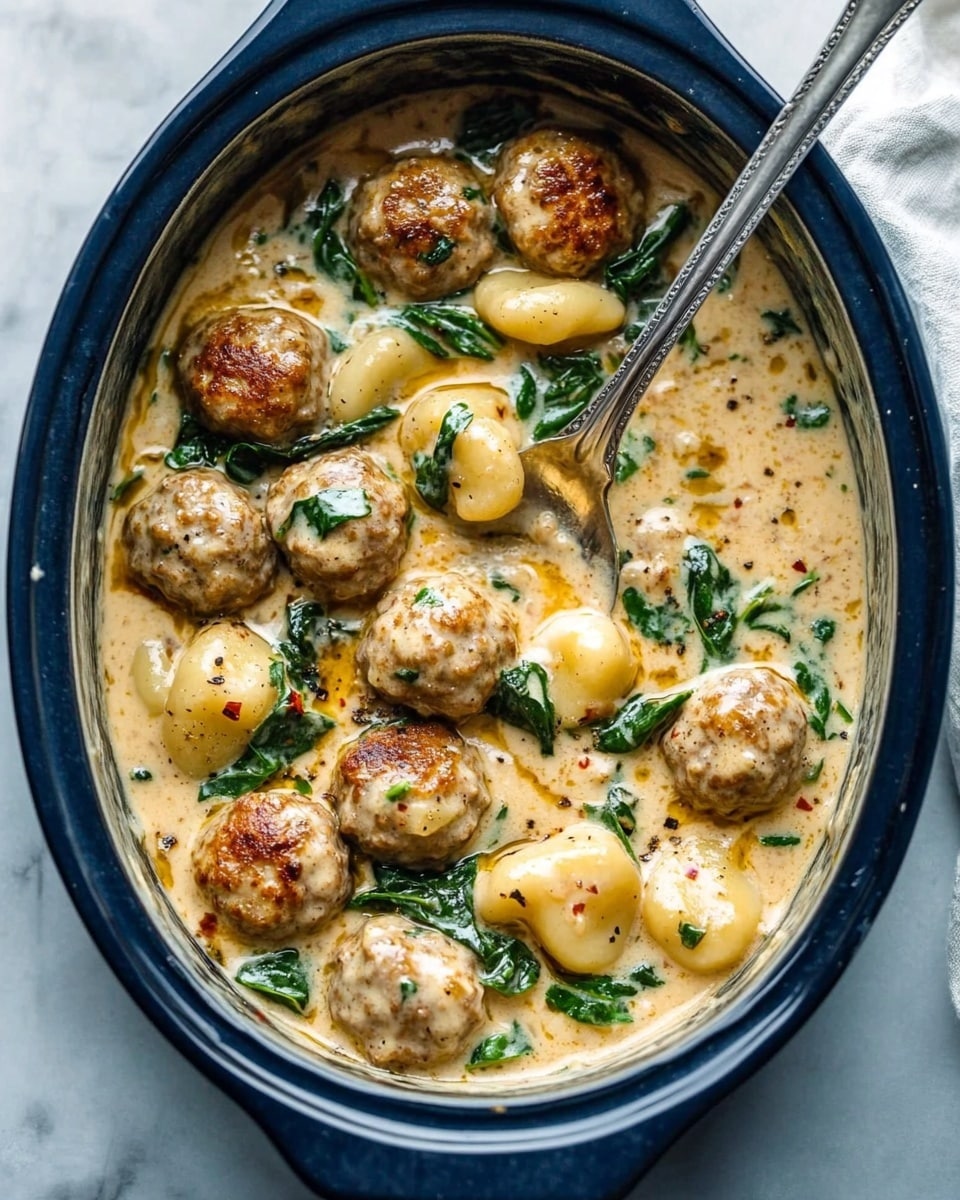 A black bowl filled with a creamy dish of light golden brown meatballs mixed with soft, pale yellow gnocchi, scattered with dark green spinach leaves and pieces of deep red sun-dried tomatoes, all coated in a thick, creamy light beige sauce with specks of black pepper. A silver fork rests in the bowl, holding one meatball. To the top left, there is a small white bowl filled with grated cheese and a silver spoon, and to the top right, a small white bowl holds more pieces of sun-dried tomatoes. A white cloth with pink stripes lies beside the bowl on a white marbled surface. photo taken with an iphone --ar 4:5 --v 6.1