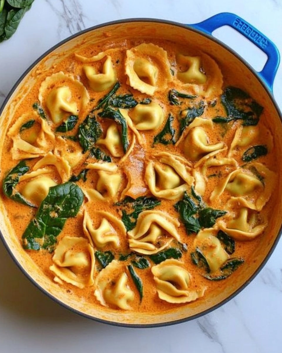 A round metal pan filled with a creamy orange soup base, dotted with soft, folded pasta pieces scattered throughout. The pasta is light yellow with smooth edges, and bright green spinach leaves are mixed into the soup, adding a fresh contrast in color. The pan is placed on a white marbled surface, and the dish looks warm and rich with a slightly thick texture. photo taken with an iphone --ar 4:5 --v 6.1