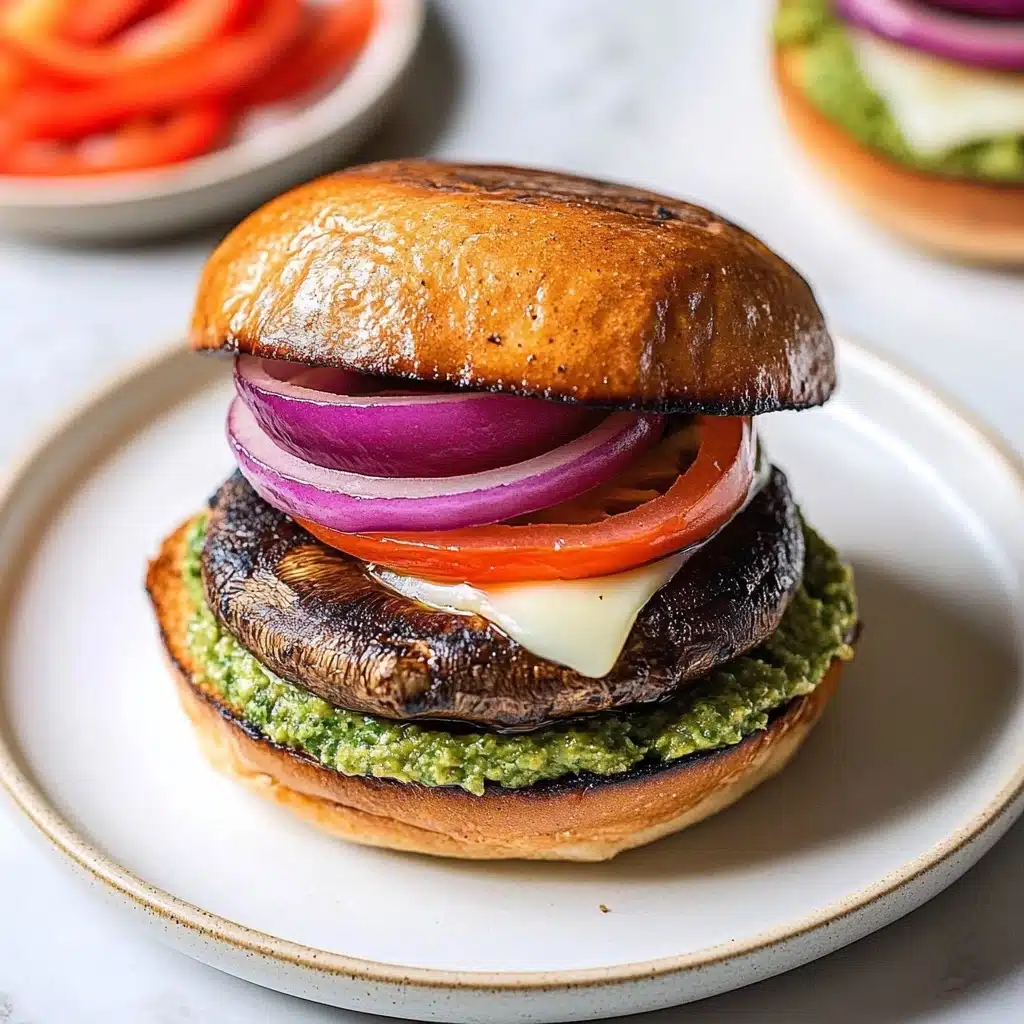 Portobello Mushroom Burger with Mozzarella, Roasted Peppers and Pesto Mayo Recipe - Recipe Image