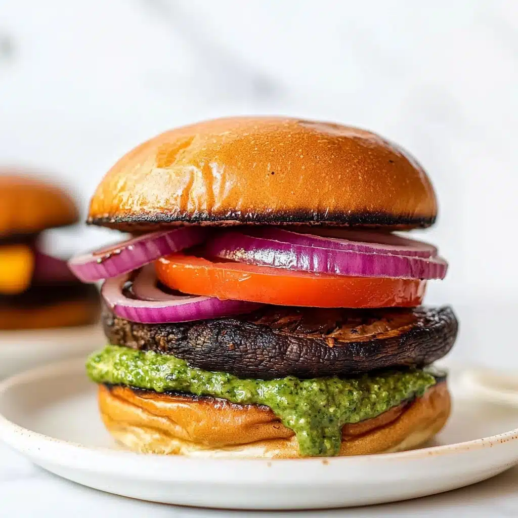 Portobello Mushroom Burger with Mozzarella, Roasted Peppers and Pesto Mayo Recipe - Recipe Image