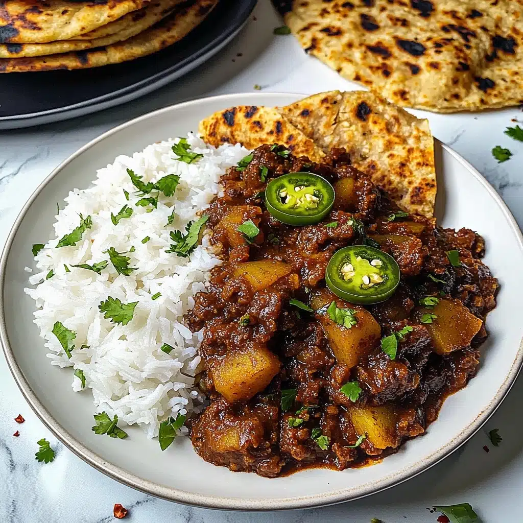 Mexican Picadillo, Mexican Picadillo recipe, easy Mexican dishes, traditional Mexican dinner, flavorful ground beef recipes A white bowl sits on a white marbled surface, filled with two main layers: on the left is fluffy white rice, and on the right is a rich, dark brown chili with chunks of onions and small golden potatoes mixed in. The chili is topped with bright green jalapeño slices and sprinkled with chopped green herbs and red chili flakes. In the background, there is a white plate holding several pieces of lightly charred flatbread. The whole scene is bright and colorful, with the food looking fresh and tasty.