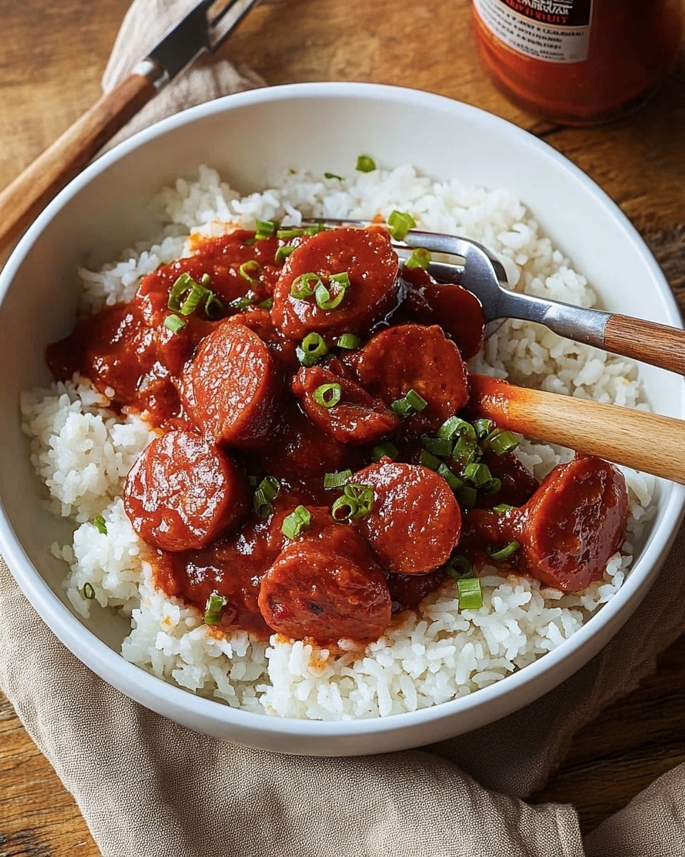 BBQ Smoked Sausage and Rice, smoky sausage dish, easy sausage recipes, quick weeknight dinner, flavorful rice and sausage A black bowl filled with a layer of white steamed rice on the bottom, topped with reddish sausage slices covered in a thick, dark red sauce, sprinkled with small green chopped onions. A knife and fork with light brown handles rest across the bowl, the fork lifting a piece of sausage with rice on it. The bowl sits on a wooden table next to a light beige cloth with fringed edges, and a bottle of hot sauce is nearby.
