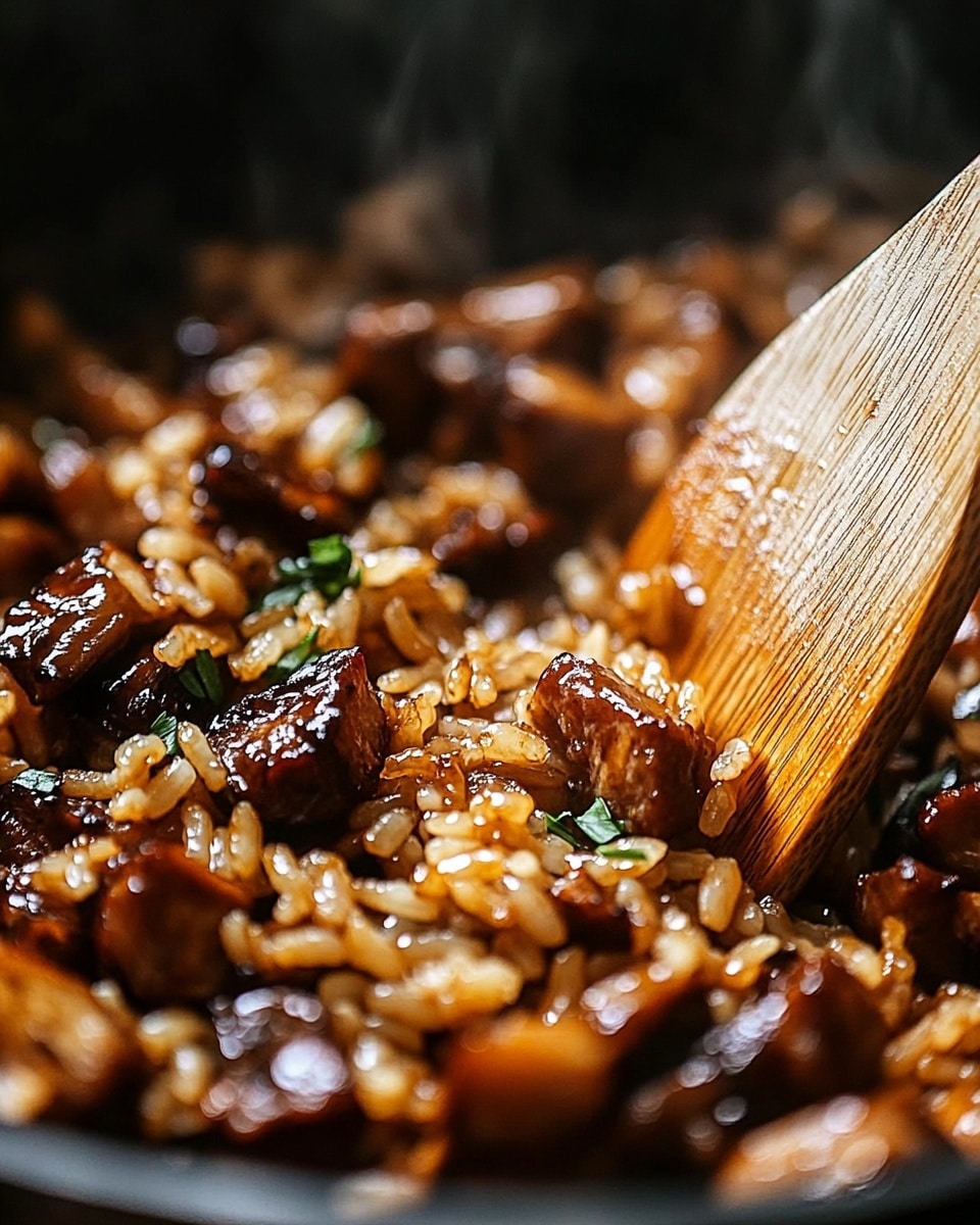 One-Pan Sweet and Tangy BBQ Sausage Rice, easy sausage and rice meal, quick dinner ideas, one-pan sausage recipes, flavorful weeknight dinners The image shows a close-up of a cooked rice dish mixed with dark brown, small cubed pieces of meat or mushrooms. The rice grains are shiny and coated with a rich brown sauce, making the texture look moist and sticky. Small green herb pieces are sprinkled on top, adding a touch of color. A wooden spatula is stirring the mix, with visible steam rising from the pan, suggesting the dish is hot. The background is softly blurred, focusing attention on the food.