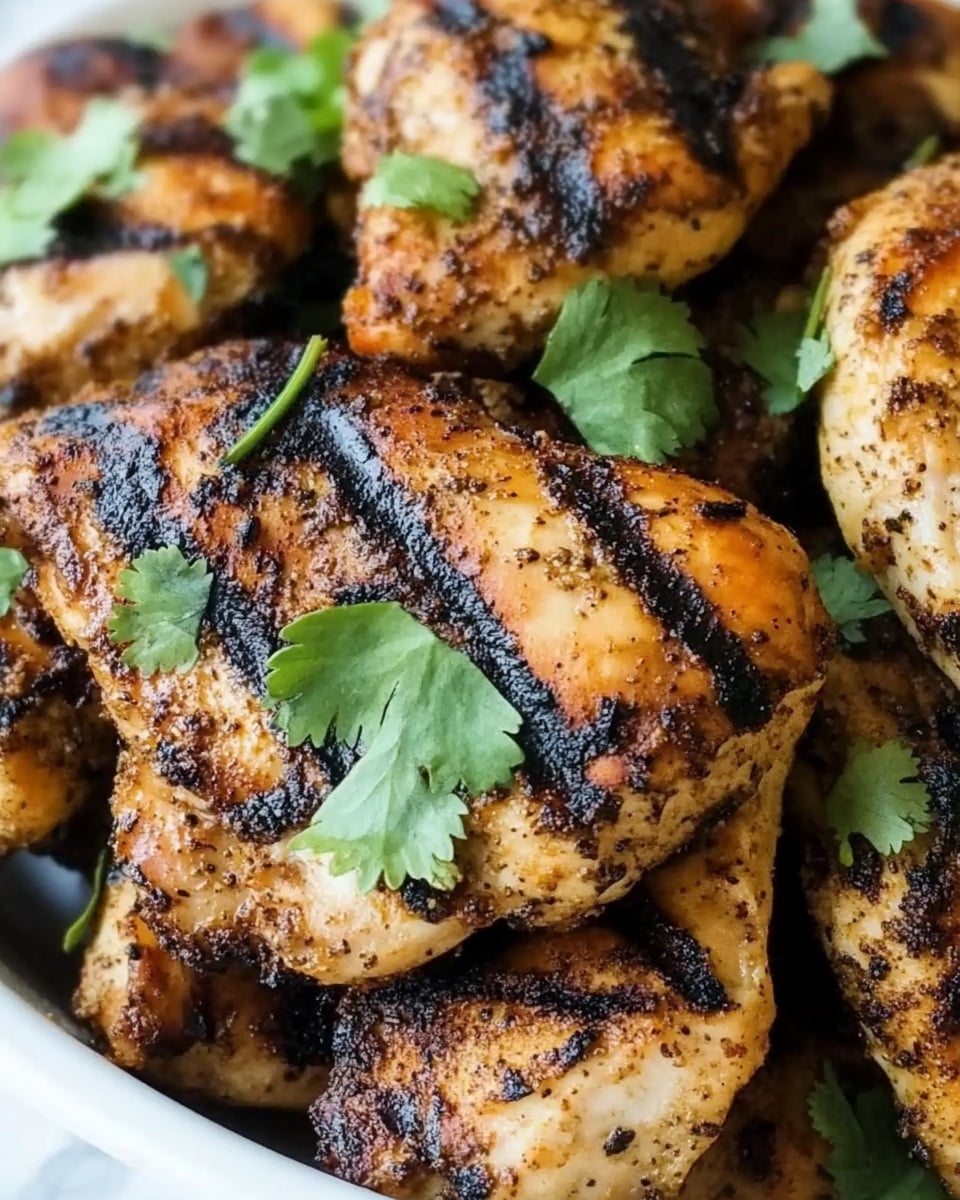 Last Minute Garlic Paprika Chicken Thighs, quick chicken dinner recipes, easy weeknight chicken, flavorful chicken thighs, fast garlic paprika chicken The image shows a white plate filled with several pieces of grilled chicken with clear grill marks and a mix of black and brown char on the surface. The chicken pieces are topped with small green cilantro leaves scattered across, adding a touch of fresh color. The texture of the chicken looks slightly rough with specks of seasoning visible all over. The plate rests on a white marbled texture surface.