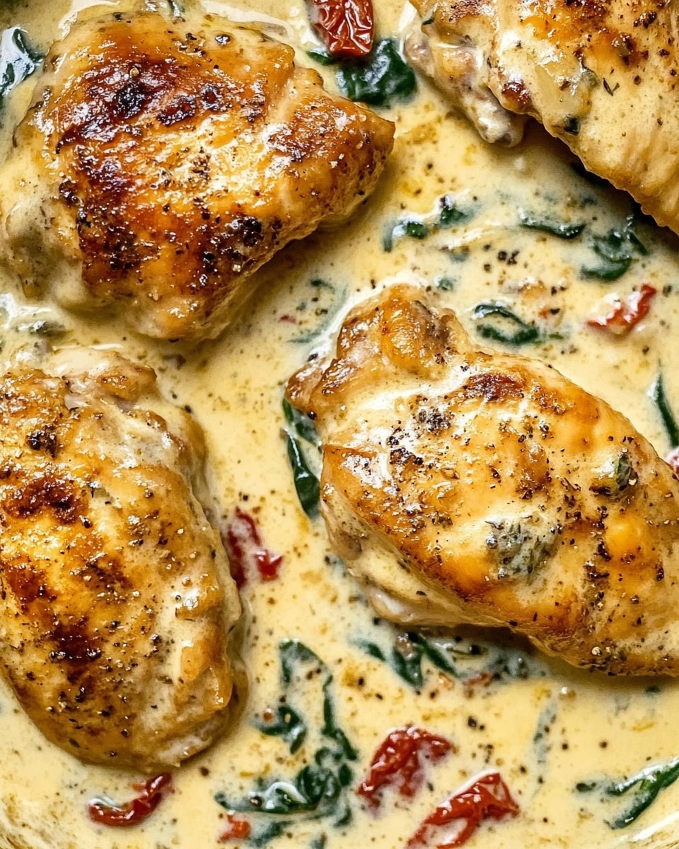 One-Pan Tuscan Chicken, easy Italian chicken dinner, creamy garlic chicken, healthy weeknight chicken, sun-dried tomato chicken A black pan filled with four browned chicken pieces cooked in a creamy light yellow sauce with visible green spinach leaves and red sun-dried tomato slices scattered throughout. The chicken pieces are placed evenly inside the sauce, showing a slight crispy texture on top. The pan sits on a white marbled surface.