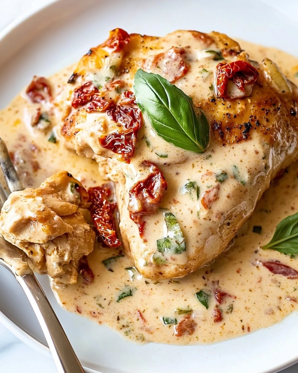 Marry Me Chicken, creamy chicken dinner, easy chicken recipes, romantic chicken dish, comforting chicken recipes A white plate shows a piece of cooked chicken with a golden brown top layer and a white inside, covered in a thick creamy sauce with small red and green bits. The sauce pools around the chicken, mixed with red pieces that seem like sun-dried tomatoes and some fresh green leaves for decoration. A silver fork holds a small piece of chicken, positioned at the bottom left of the plate. The plate sits on a white marbled surface.