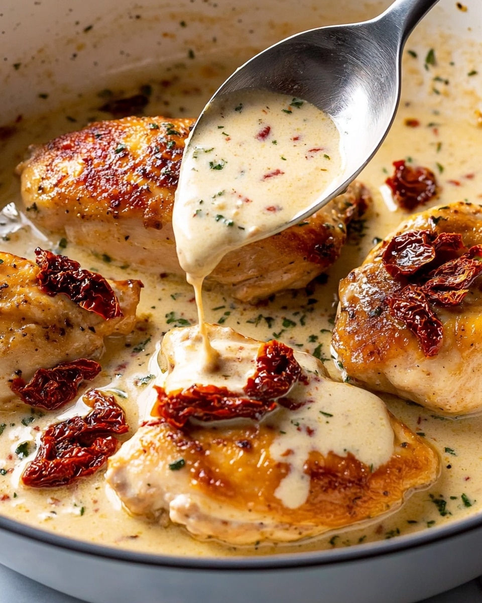 Marry Me Chicken, creamy chicken dinner, easy chicken recipes, romantic chicken dish, comforting chicken recipes A close-up of a white pan filled with three browned chicken pieces sitting in creamy light beige sauce with herbs and sun-dried red tomatoes. A large spoon is pouring more of the sauce over the chicken in the center, making the sauce drip slightly. The chicken pieces have a golden brown, crispy skin texture with some black pepper visible. The cream sauce is smooth with small bits of herbs and pieces of the sun-dried tomatoes floating in it. The background surface is a white marbled texture.
