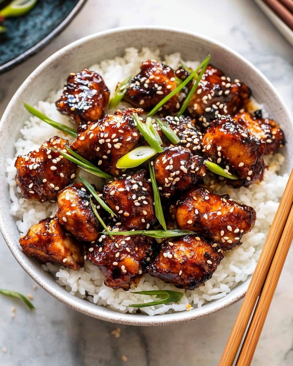 20 Minute Honey Garlic Chicken, quick honey garlic chicken, easy weeknight chicken dinner, fast chicken recipes, flavorful honey garlic chicken A deep blue bowl sits on a white marbled surface, filled with a base layer of fluffy white rice. On top, there are many pieces of dark brown, grilled chicken bites coated with a shiny glaze and sprinkled with white sesame seeds. Thin slices of green onion are scattered over the chicken. Two light brown bamboo chopsticks rest across the bowl, holding a few pieces of chicken. Nearby, small bowls with seeds and spices, some decorated with orange flowers, add detail to the scene
