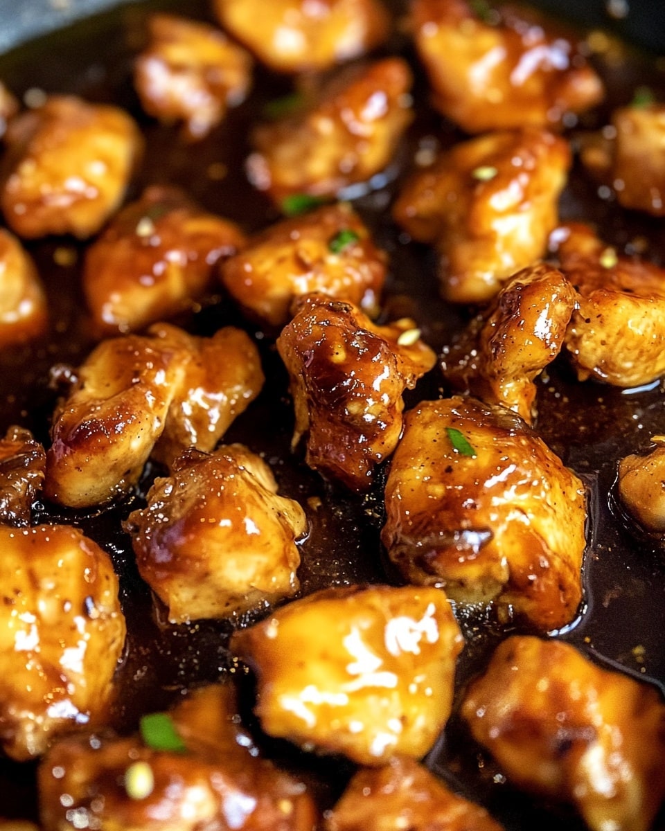 20 Minute Honey Garlic Chicken, quick honey garlic chicken, easy weeknight chicken dinner, fast chicken recipes, flavorful honey garlic chicken The image shows many small pieces of cooked chicken in a dark brown sauce with a shiny, slightly thick texture. The chicken pieces are golden brown with a bit of char and are scattered throughout the sauce, which has small bits of garlic or seasoning floating in it. The sauce pools around the chicken, giving a rich and tasty look, while some green herbs are lightly mixed in. The close-up view highlights the glossy sauce covering the chicken fully. The background is a white marbled texture.