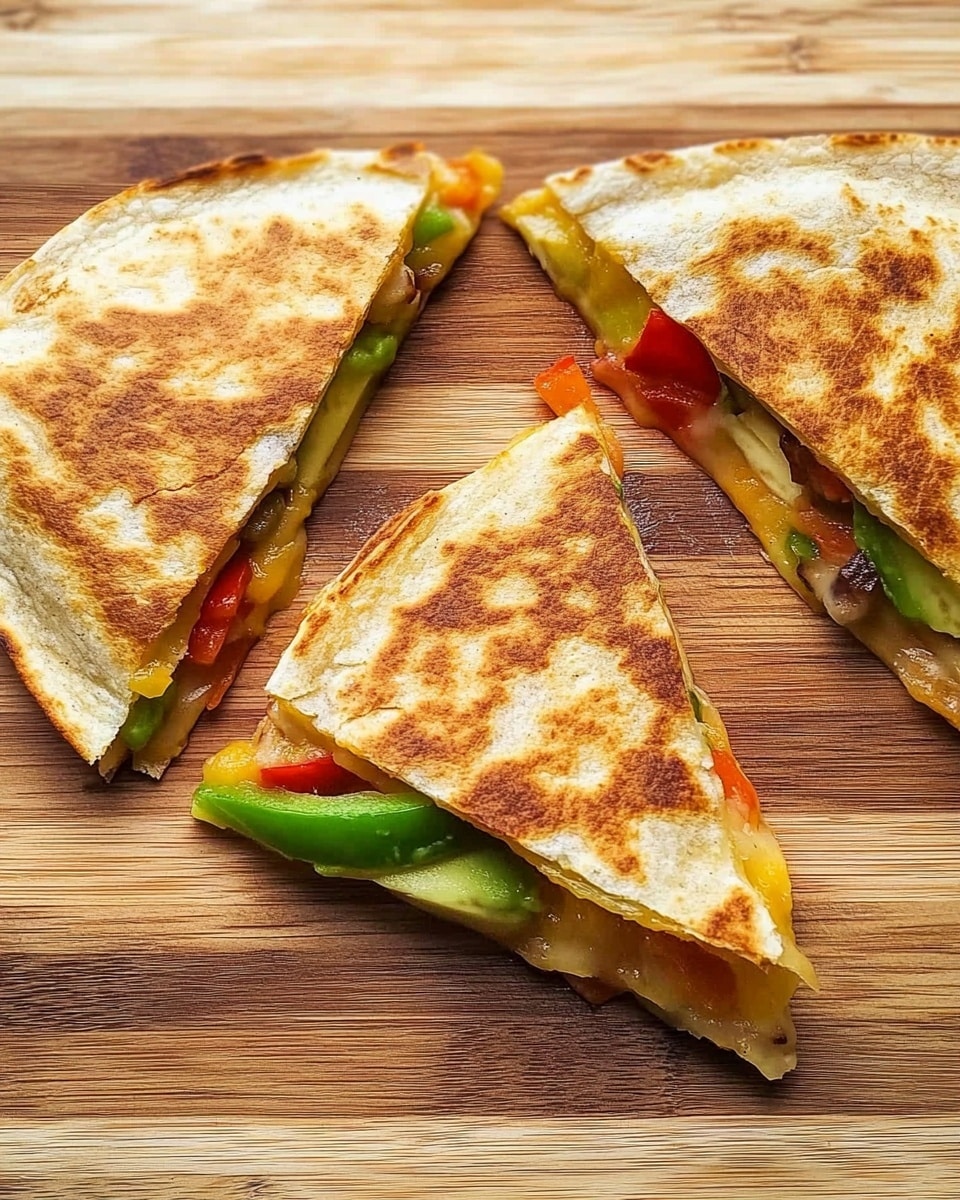 Chicken Quesadillas with Bell Peppers and Cheese, Easy Chicken Quesadillas, Cheesy Chicken Quesadillas, Quick Dinner Recipes, Delicious Mexican-inspired Quesadillas Three triangular quesadilla slices are placed on a wooden cutting board with light and dark wood stripes. Each slice has a golden-brown crispy outer layer, showing a slightly toasted flour tortilla. Inside, visible layers include melted orange cheese, bright green avocado slices, and small pieces of red bell pepper, with some dark bits that could be grilled vegetables or meat. The quesadilla slices are arranged in a loose triangle formation with slight spacing between them.