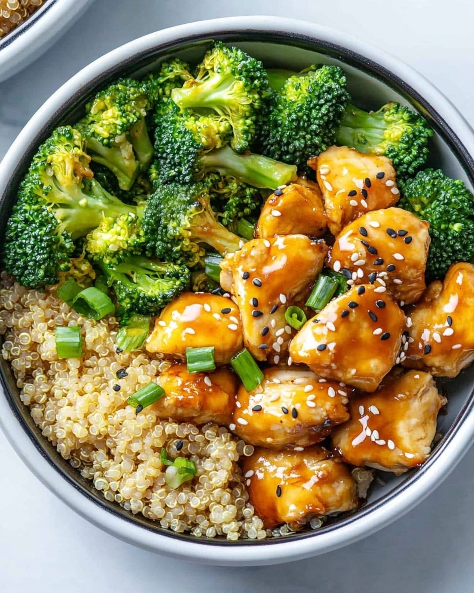 Honey Garlic Chicken Meal Prep, easy chicken meal prep recipes, healthy meal prep ideas, quick chicken dinner, flavorful weekly lunch ideas The image shows a black bowl filled with three main layers arranged side by side. On the left, there is a portion of light beige quinoa with a fluffy texture. Next to it, on the right, is a layer of golden-brown bite-sized pieces coated with a glossy orange sauce, sprinkled with white and black sesame seeds and small green onion pieces. At the bottom half of the bowl, fresh green broccoli florets with slightly charred edges lie next to the quinoa and sauced pieces. The bowl sits on a white marbled surface, and a lime half is partially visible on the left side of the image.