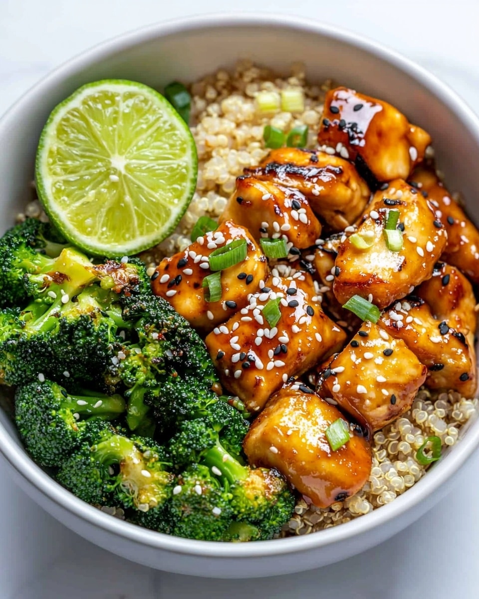 Honey Garlic Chicken Meal Prep, easy chicken meal prep recipes, healthy meal prep ideas, quick chicken dinner, flavorful weekly lunch ideas The image shows a white bowl filled with three main layers. On one side, there is bright green grilled broccoli with slight charring. Next to it, there is a fluffy light beige grain, likely quinoa, forming the middle section. The last section has orange glazed chunks of tofu sprinkled with green onion slices and black and white sesame seeds. A thin slice of lime rests on the broccoli. The bowl is placed on a white marbled surface.