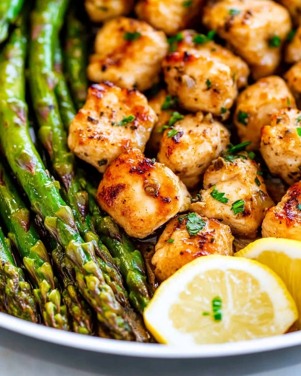 One-Pan Garlic Butter Chicken with Asparagus, garlic butter chicken recipe, easy chicken and asparagus skillet, quick weeknight chicken dinner, healthy one-pan chicken A black pan holds two main layers of food: on the left, a neat row of bright green asparagus with a shiny, slightly oily texture, some small brown seasoning pieces on top; on the right, a layer of small golden-brown cooked chicken pieces with a light crispy surface and sprinkled chopped green herbs. Two lemon slices with bright yellow rind and pale yellow inner flesh rest at the bottom left corner of the pan, touching both the asparagus and chicken. The background is a white marbled texture.