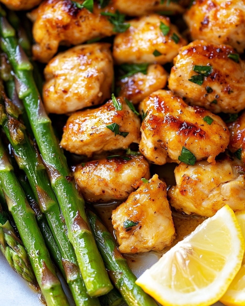 One-Pan Garlic Butter Chicken with Asparagus, garlic butter chicken recipe, easy chicken and asparagus skillet, quick weeknight chicken dinner, healthy one-pan chicken This image shows a close-up of a dish with two main parts. On the left, there is a row of bright green asparagus spears, cooked with a slightly shiny texture and some black pepper seasoning. On the right side, there are many pieces of golden brown cooked chicken, browned on the edges with small bits of fresh green herbs sprinkled on top. There are also two lemon wedges placed among the chicken pieces, adding a pop of yellow color. The dish is set on a white marbled surface.
