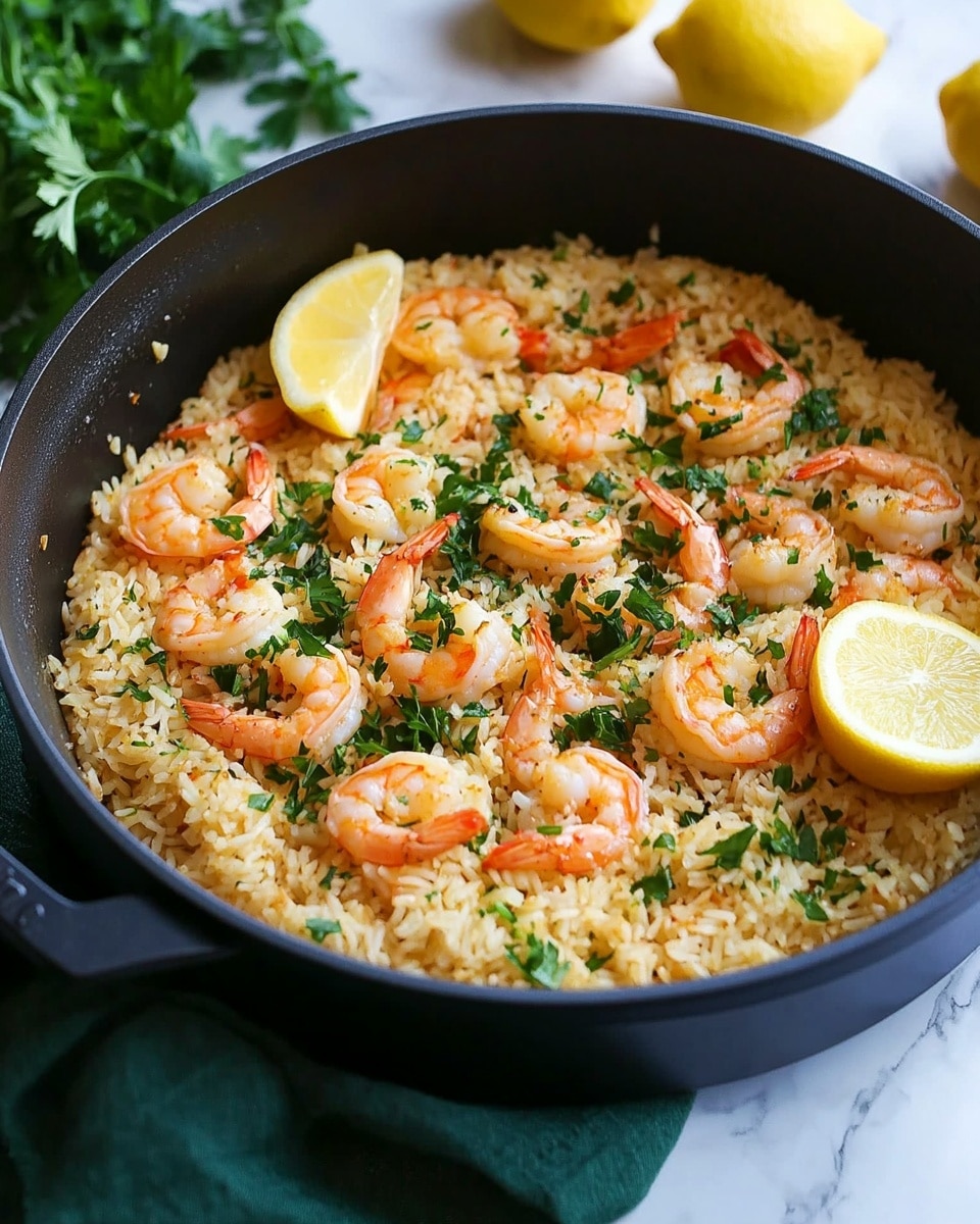 Shrimp and Lemon Parmesan Rice, one pot seafood dinner, quick shrimp and rice recipe, lemon parmesan seafood dish, easy one pot shrimp recipe A close-up of a black pan filled with cooked white rice mixed with pink-orange shrimp evenly spread on top and throughout. Small green parsley pieces are scattered evenly over the rice and shrimp, adding a fresh touch. Two lemon wedges, bright yellow, rest on the right side of the rice. A dark wooden spoon is partially visible in the pan on the right, slightly mixing the rice and shrimp. The pan sits on a white marbled surface.