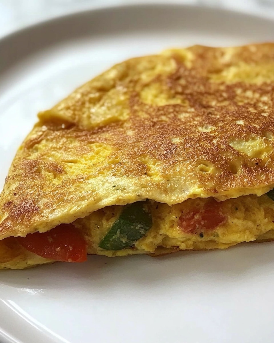 Veggie Omelet, healthy breakfast ideas, quick brunch recipes, vegetarian breakfast, veggie omelet with Swiss cheese A white plate with a folded omelette placed slightly off-center, showing a golden brown cooked outer layer with some darker spots from cooking. The omelette has two visible layers, the top layer smooth and slightly shiny yellow with brown specks, and the inside layer filled with diced vegetables including green and red pieces, visible at the open edge. The texture of the omelette is soft with slight crispiness on the cooked surface, and small bits of filling spilling out onto the white plate. The background is a white marbled surface.