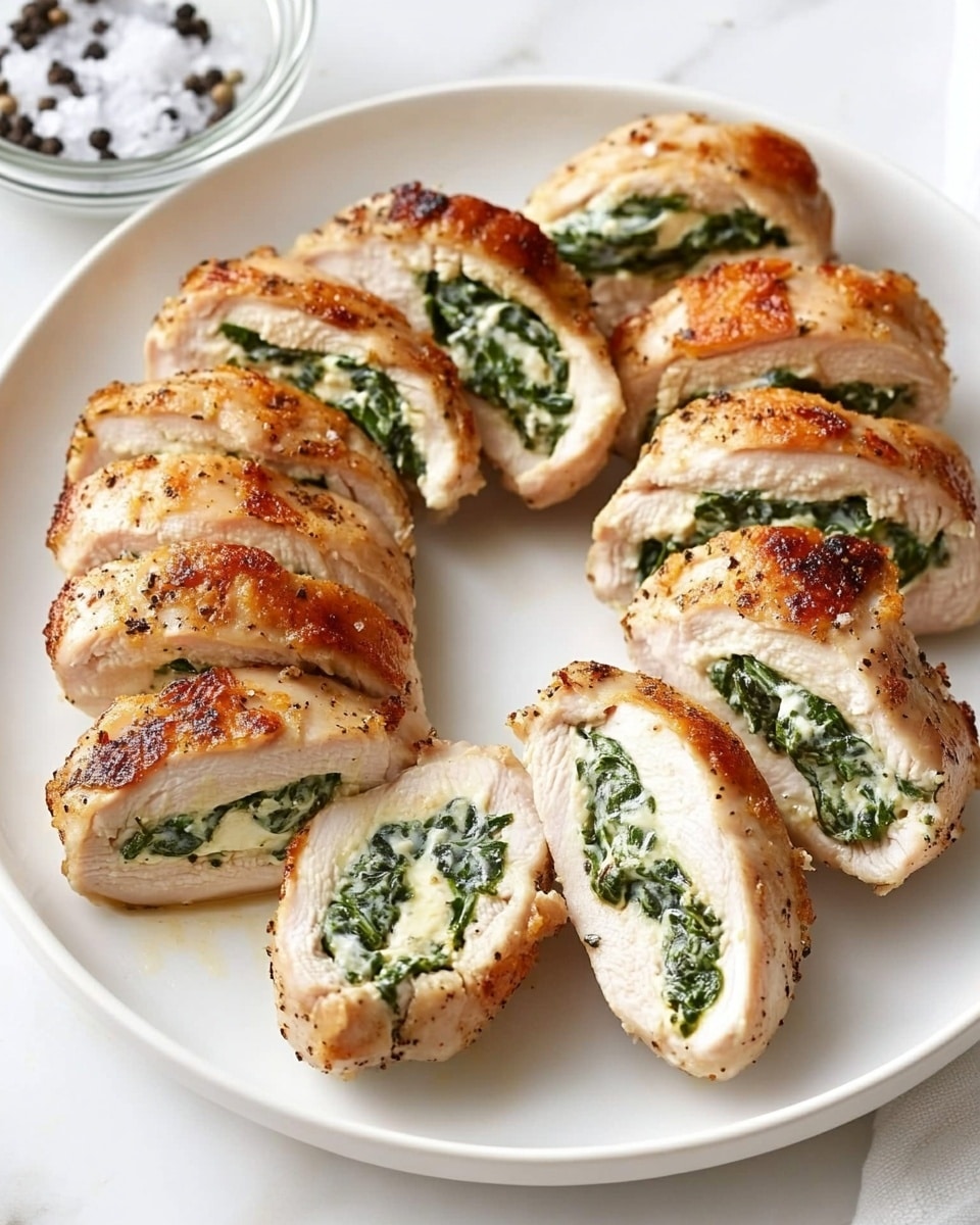 Stuffed Chicken Breast with Spinach and Cheese, chicken breast stuffed with spinach and cheese, easy stuffed chicken recipe, cheesy stuffed chicken dinner, elegant chicken breast main dish The image shows a white plate with several slices of stuffed chicken arranged in a circular pattern. Each chicken piece is golden brown on the outside, and the inside reveals a green and white creamy filling made from spinach and cheese. The texture of the chicken is smooth and slightly seared, while the filling looks soft and moist. In the center of the plate, there is a small clear glass bowl filled with a light sauce topped with black pepper. The plate is placed on a cloth with a white marbled texture background.