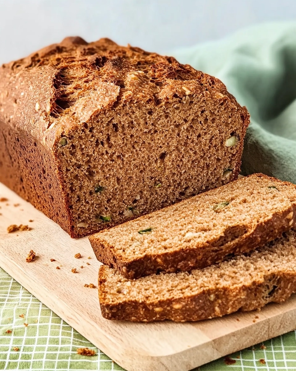 A brown loaf of bread with a rough, cracked top crust placed on a light wooden board. Two slices are cut from the loaf and lie in front of it, showing a dense, moist texture with small green specks and visible pieces of nuts inside. The background includes a green cloth with a grid pattern and a soft, light surface behind it. crumbs are scattered around the board. photo taken with an iphone --ar 4:5 --v 6.1