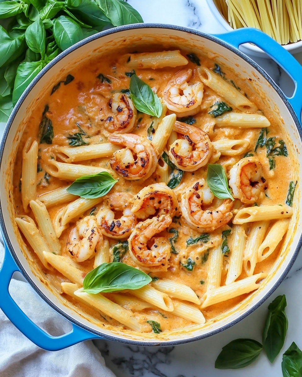 A white pot filled with three layers: the bottom layer is light yellow penne pasta, the middle layer is a creamy orange sauce coating the pasta, and the top layer has several large browned shrimp scattered, along with green chopped basil leaves sprinkled on top. The pot has a bright blue handle on the right side, resting on a white marbled surface with fresh whole basil leaves nearby, and a small white bowl filled with plain penne pasta. Photo taken with an iphone --ar 4:5 --v 6.1