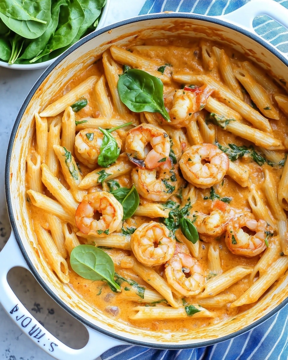 A large white pot filled with creamy orange-colored pasta sauce with herbs mixed in, holding penne pasta that is coated in the sauce. Several cooked shrimp with a slight char are scattered on top. Fresh green spinach leaves are mixed lightly throughout the pasta. The pot is placed on a white marble textured surface with a small white bowl of fresh spinach leaves beside it. A blue striped cloth is under the pot's handle. Photo taken with an iphone --ar 4:5 --v 6.1