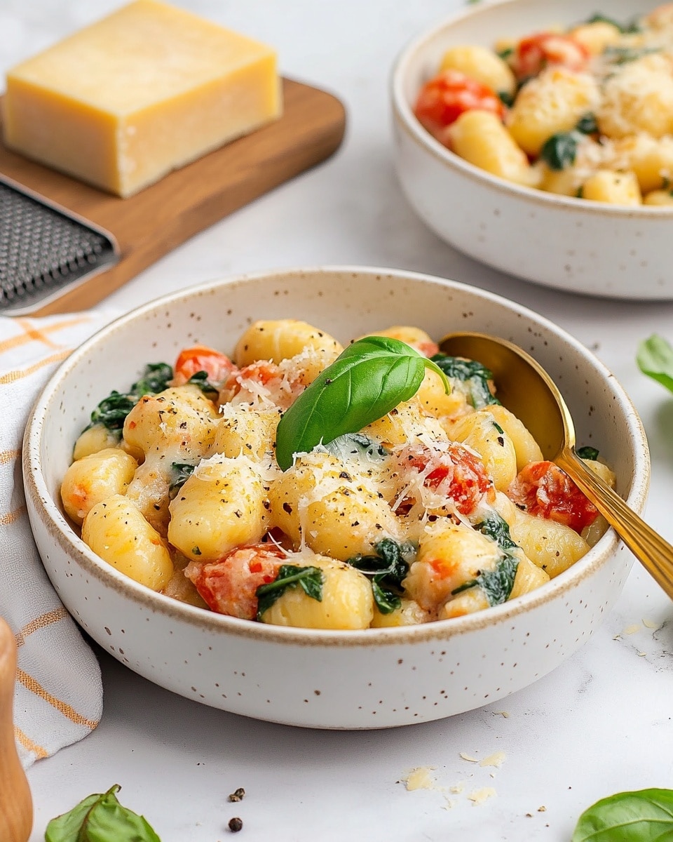A white bowl with a light tan bottom is filled with creamy gnocchi mixed with pieces of red tomato and green spinach. The dish is topped with a small green basil leaf and light shavings of white cheese. A shiny golden spoon is resting inside the bowl on the right side. In the background, there is another similar bowl filled with the same dish, a wooden pepper grinder, and a block of yellow cheese on a grater. The surface is a white marbled texture, and a white cloth with orange lines is seen on the left side. Photo taken with an iphone --ar 4:5 --v 6.1