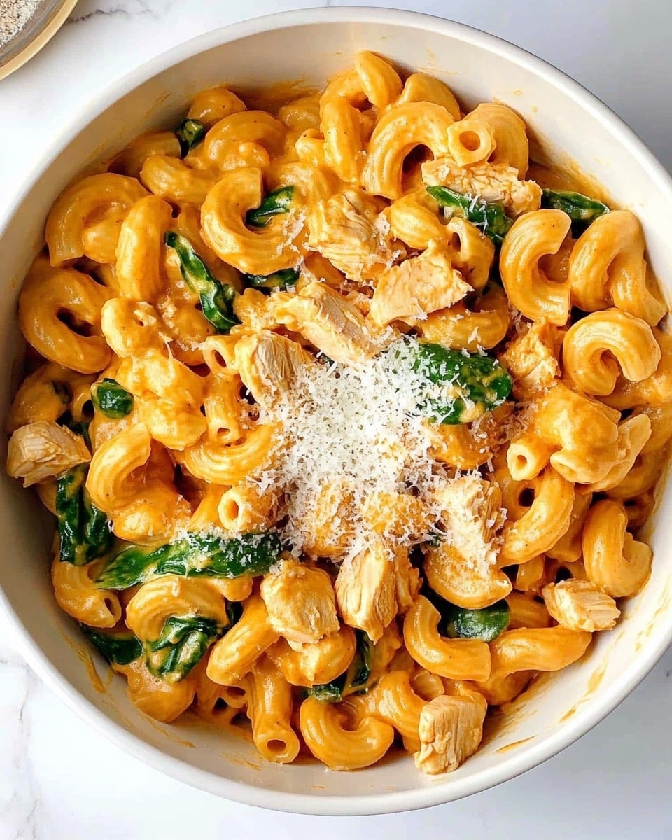 A white bowl filled with creamy orange macaroni pasta mixed with pieces of cooked chicken and green spinach leaves evenly spread throughout; the center is topped with a sprinkle of grated cheese, adding a light dusting of white on top; the bowl is set on a white marbled surface with soft natural lighting; photo taken with an iphone --ar 4:5 --v 6.1