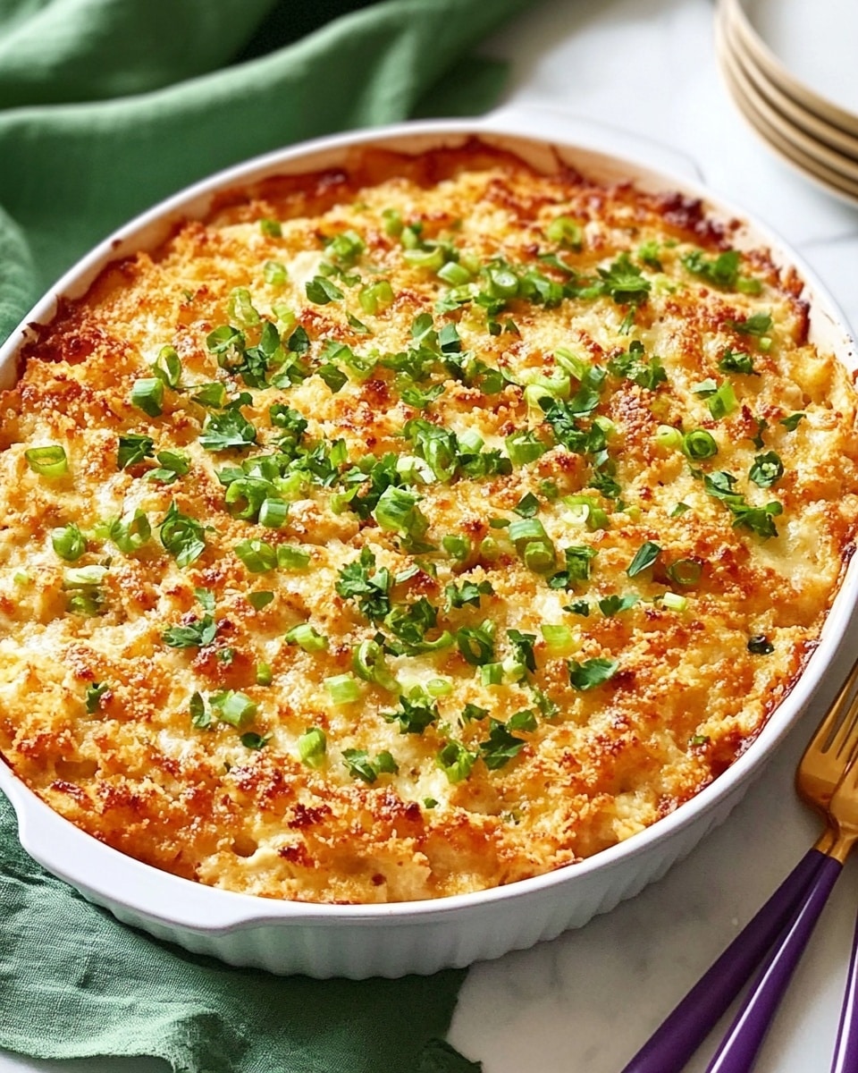The image shows an oval white baking dish filled with a layered casserole. The top layer is golden brown and crunchy with small, uneven clusters scattered all over. Below the crunchy top, there is a creamy white layer that looks smooth and soft. The baking dish is placed on a black wire rack, which sits on a white marbled surface. photo taken with an iphone --ar 4:5 --v 6.1