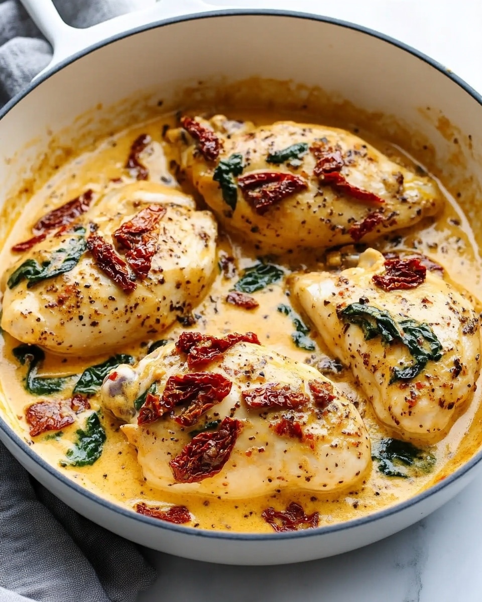 A white pan filled with four large smooth chicken pieces covered in a thick creamy orange sauce. The sauce has pieces of dark green spinach scattered on top and thin strips of dark red sun-dried tomatoes spread over the dish. The edges of the pan are clean, showing the white inside, and the background surface is white marble with soft light. photo taken with an iphone --ar 4:5 --v 6.1