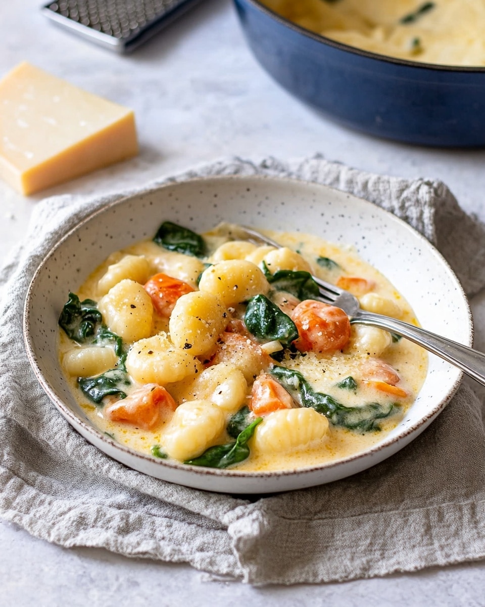 A bowl filled with creamy gnocchi dish sits on a soft beige cloth over a white marbled surface. The dish shows three main layers: the pale yellow gnocchi pieces at the bottom, a thick light cream sauce studded with small green spinach leaves and bright red tomato chunks mixing smoothly throughout, and a few specks of black pepper scattered on top. Next to the bowl, a spoon and fork lie resting inside. In the background, a wedge of hard pale cheese is placed beside a grater, and a white pot with a blue handle holds more of the gnocchi dish. Some green leaves are scattered lightly around, adding fresh color. Photo taken with an iphone --ar 4:5 --v 6.1
