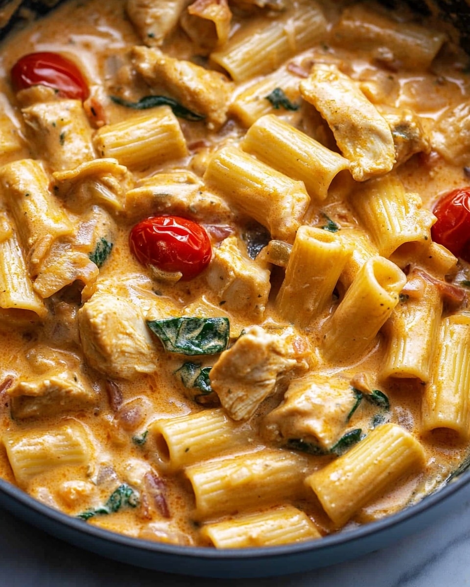 The image shows a close-up of a creamy pasta dish in a dark pan, sitting on a white marbled surface. The dish has three main layers: the pasta layer, made up of medium-sized yellow rigatoni tubes with smooth ridges; the protein layer, consisting of golden-brown chunks of cooked chicken scattered throughout; and the sauce layer, a thick creamy mixture with a light orange color, speckled with small green spinach leaves and halved red cherry tomatoes. A light garnish of chopped parsley adds small bright green flecks on top. The rich sauce clings to the pasta and chicken, making the dish look hearty and flavorful. photo taken with an iphone --ar 4:5 --v 6.1