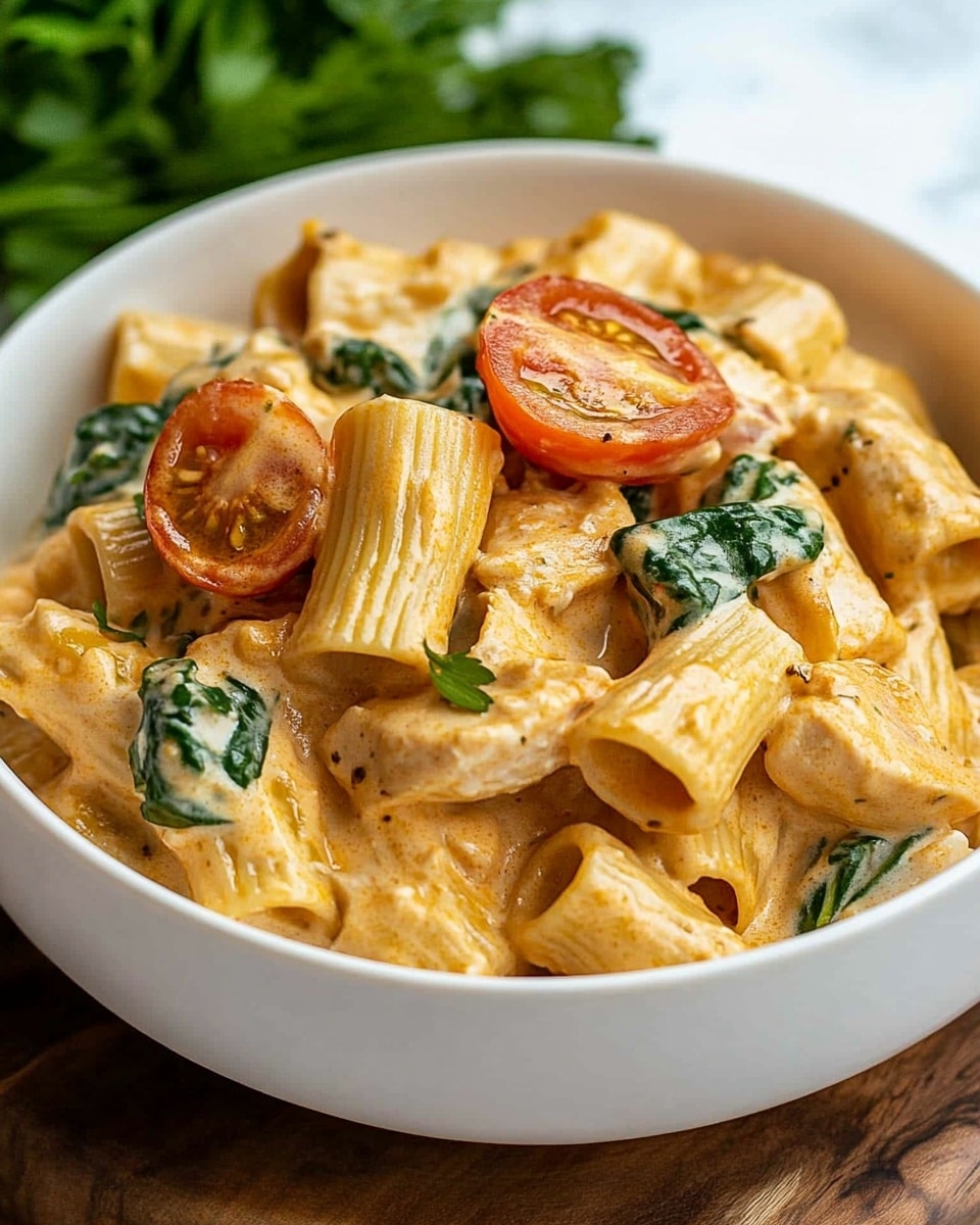 A white bowl filled with creamy pasta having one main layer of thick rigatoni pasta covered evenly in a smooth, light orange sauce. Mix in the pasta includes small round slices of red cherry tomatoes and tender green spinach leaves, scattered throughout. Pieces of light brown cooked chicken are also visible, mixed well within the sauce and pasta. The dish is topped with small flecks of chopped fresh green herbs, adding bright color. The bowl sits on a round wooden board over a white marbled surface. Photo taken with an iphone --ar 4:5 --v 6.1