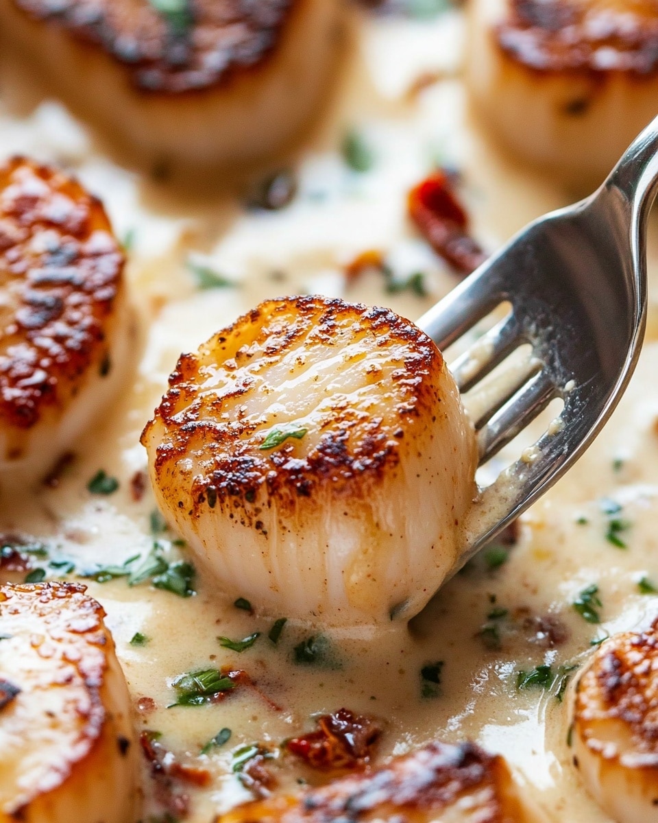 This image shows a close-up of a dish with about 10 large, golden-brown seared scallops, each with a nice crispy outer layer. They sit in a creamy white sauce that has green spinach leaves scattered throughout and small bits of herbs sprinkled on top. The sauce looks rich and smooth, covering the scallops partly, with some areas showing a light shine from the cream. The background is a white marbled texture, adding a clean, simple feel to the image. photo taken with an iphone --ar 4:5 --v 6.1