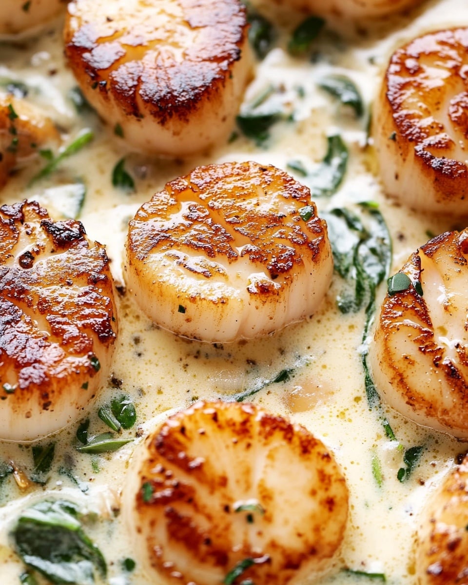 The image shows several golden brown seared scallops in a creamy light beige sauce with small green herb pieces and bits of sun-dried tomatoes scattered around. The scallops have a slightly charred top, giving a nice crust texture, and are nestled close together in the sauce. A fork is piercing one scallop near the center, showing the tenderness of the scallop. The scene is set on a white marbled surface which is softly out of focus in the background. Photo taken with an iphone --ar 4:5 --v 6.1
