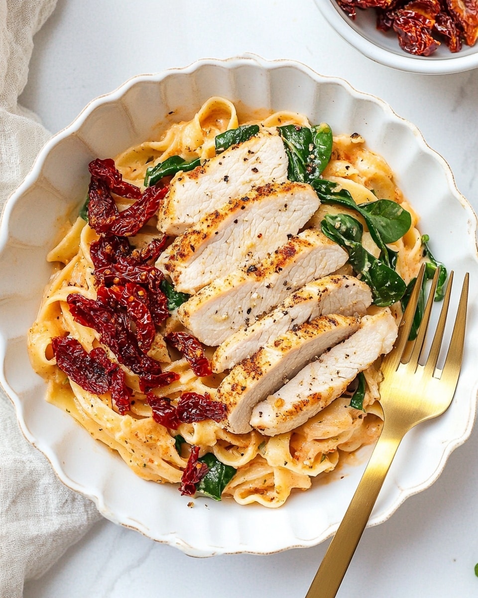 A white scalloped-edged bowl holds a creamy pasta dish with five slices of light golden grilled chicken breasts placed neatly along the top center. The pasta beneath is coated in a soft orange creamy sauce filled with spinach leaves and bright red sun-dried tomato strips, scattered throughout the dish for pops of color and texture. A sprinkle of chopped green herbs adds a fresh look, and a gold fork rests inside the bowl on the right side. In the top right corner, a small white bowl contains more sun-dried tomatoes in a dark red oil. The background is a white marbled surface with a few green herb pieces scattered around. Photo taken with an iphone --ar 4:5 --v 6.1