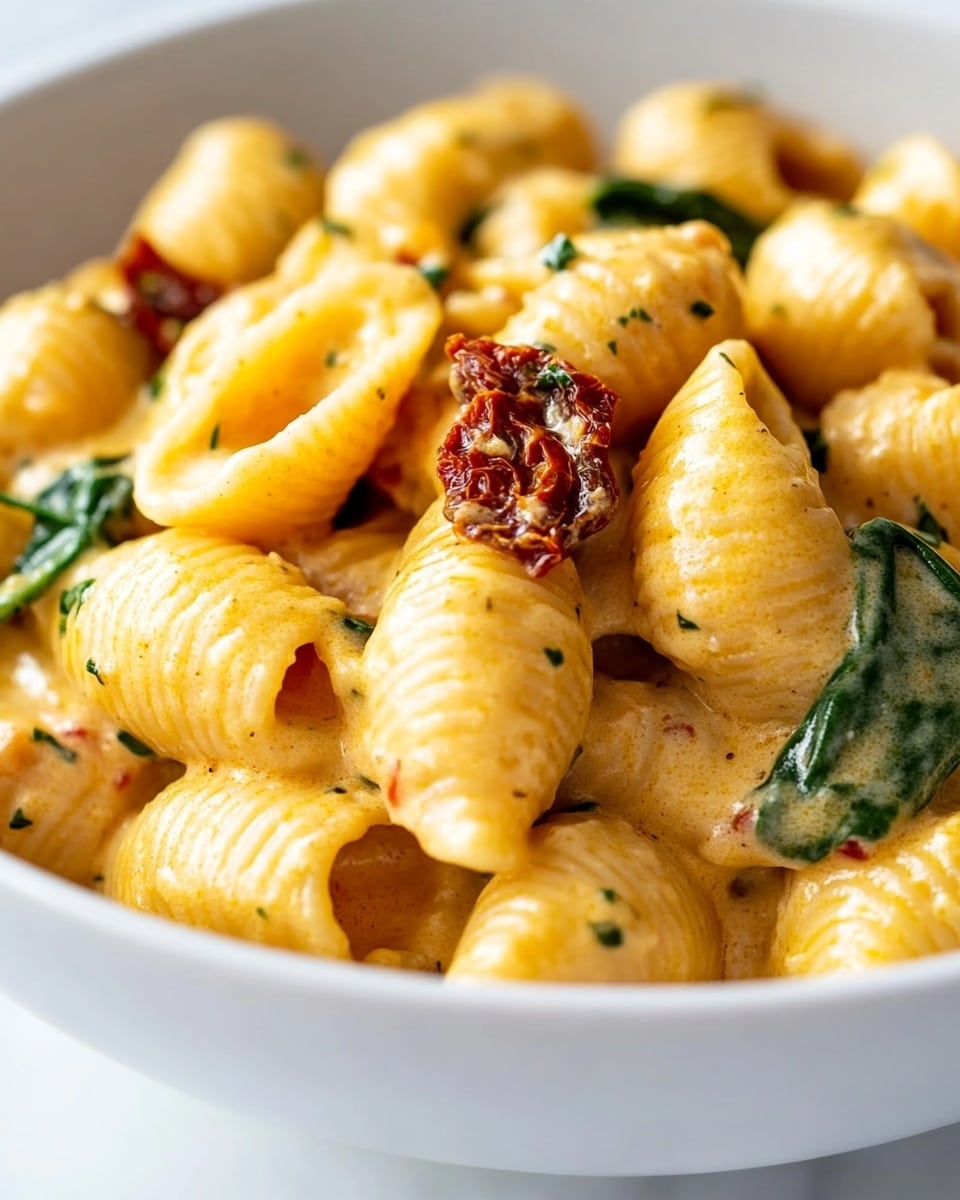 A white bowl is filled with several layers of shell pasta coated in creamy light yellow sauce. The shells have a smooth texture and are mixed with wilted green spinach leaves and small pieces of red sun-dried tomatoes. The sauce glistens, giving the dish a rich and slightly glossy look. There are small specks of black pepper and chopped green herbs scattered across the pasta and sauce, adding more color contrast. The whole dish sits on a white marbled surface. Photo taken with an iphone --ar 4:5 --v 6.1