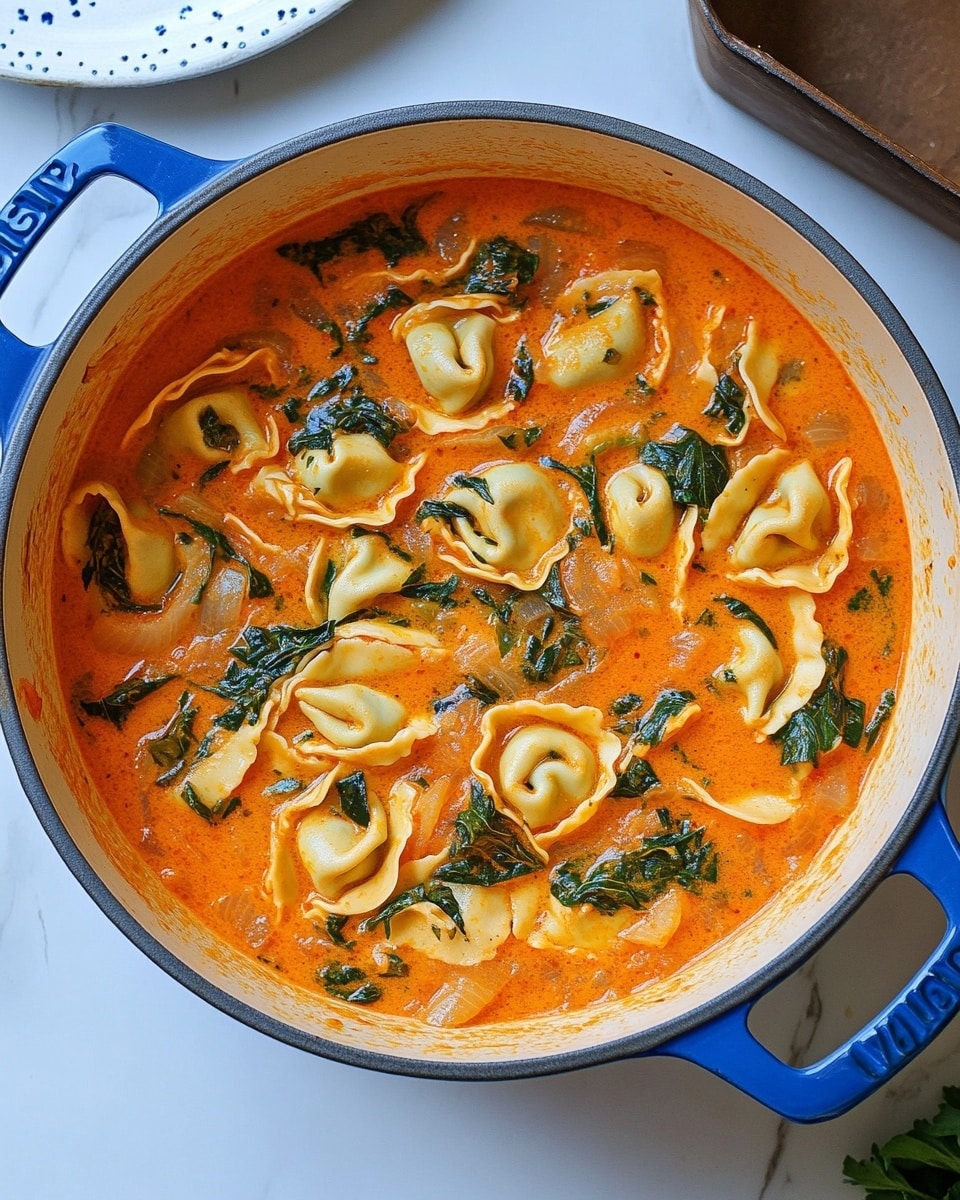A top-down view of a large metal pot with blue handles filled with a creamy orange broth with visible swirls of oil, floating tortellini pasta in light yellow with soft folds, and dark green spinach leaves scattered throughout. The liquid shows a mix of smooth and slightly chunky textures, with bits of diced onions or garlic visible near the edges. The pot sits on a white marbled surface, with a blue and white plate partially visible on the top left corner and two brown containers on the top right corner. photo taken with an iphone --ar 4:5 --v 6.1