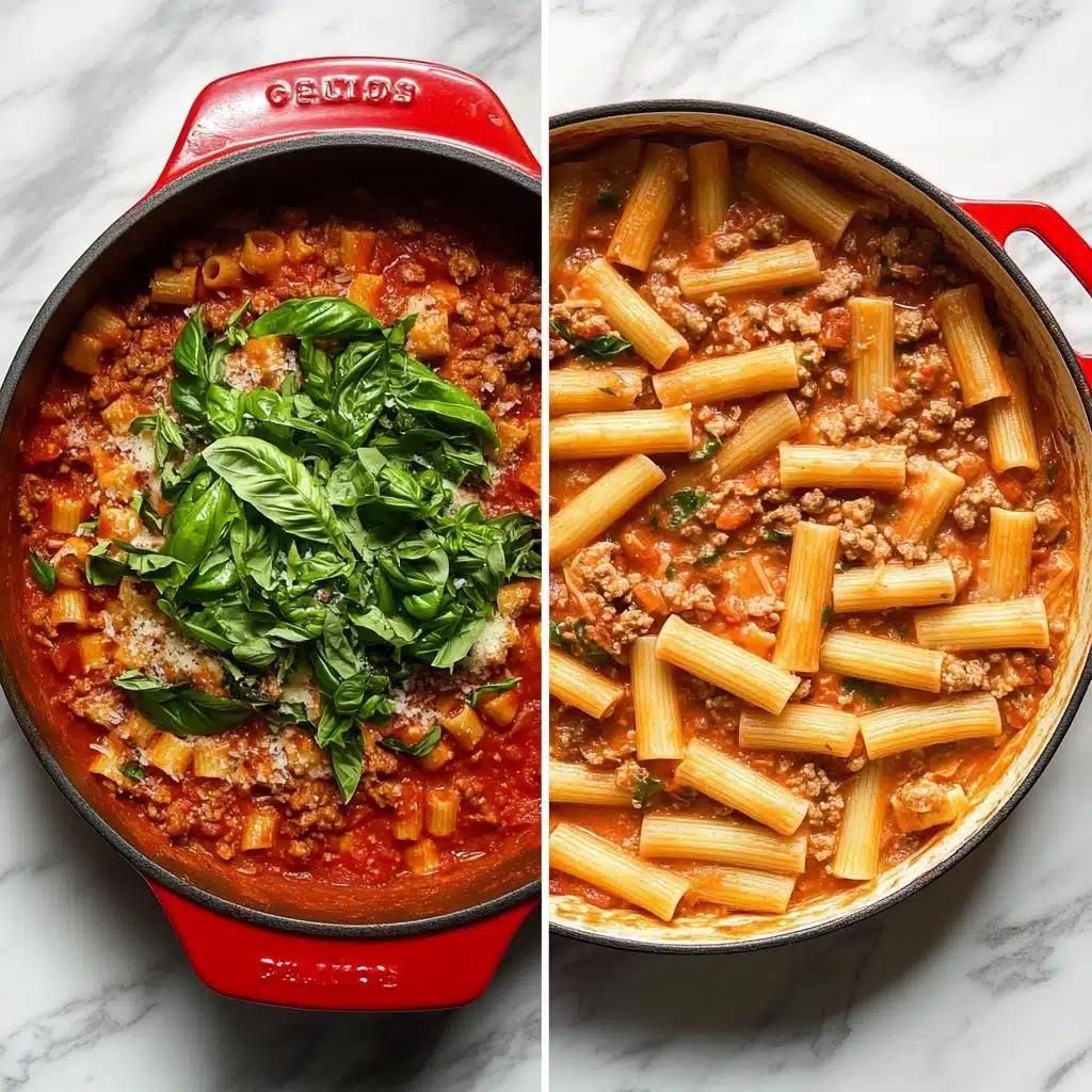 Sausage Rigatoni, easy sausage pasta, quick Italian pasta, creamy sausage sauce, crowd-pleasing Rigatoni dinner A red cast iron pan is shown on a white marbled surface, filled with two different stages of a pasta dish. The left side shows a deep red tomato sauce with small chunks of meat, topped with a swirling mix of creamy light orange sauce and a pile of chopped fresh green basil leaves in the center. On the right side, the sauce is mixed with rigatoni pasta and small meat pieces, creating a thick, creamy textured dish with shades of orange-brown and dotted with bits of green herbs and red tomato chunks.