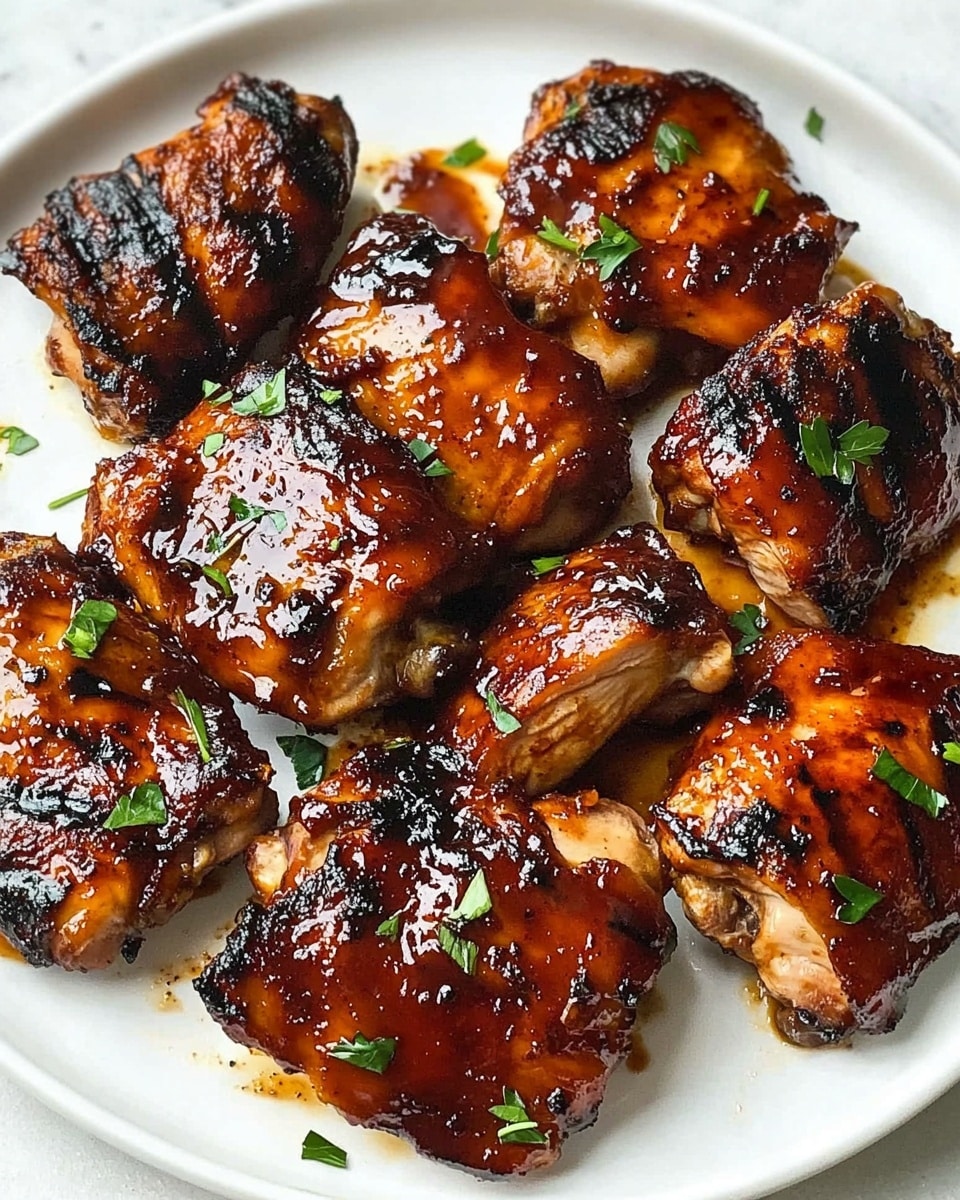 Caramelized BBQ Chicken Thighs, Oven BBQ Chicken Thighs, Easy Chicken Thighs Dinner, Juicy Oven Chicken Thighs, Sticky BBQ Chicken The image shows a white plate with about ten pieces of grilled chicken thighs covered in a shiny, dark reddish-brown glaze. The chicken has some blackened grill marks and charred edges, adding texture and contrast to the glossy surface. Small green herb pieces are sprinkled on top of the chicken, giving a fresh look. The chicken pieces are slightly overlapping and scattered irregularly on the plate. Some sauce droplets and streaks surround the chicken on the plate. The background surface is a white marbled texture.