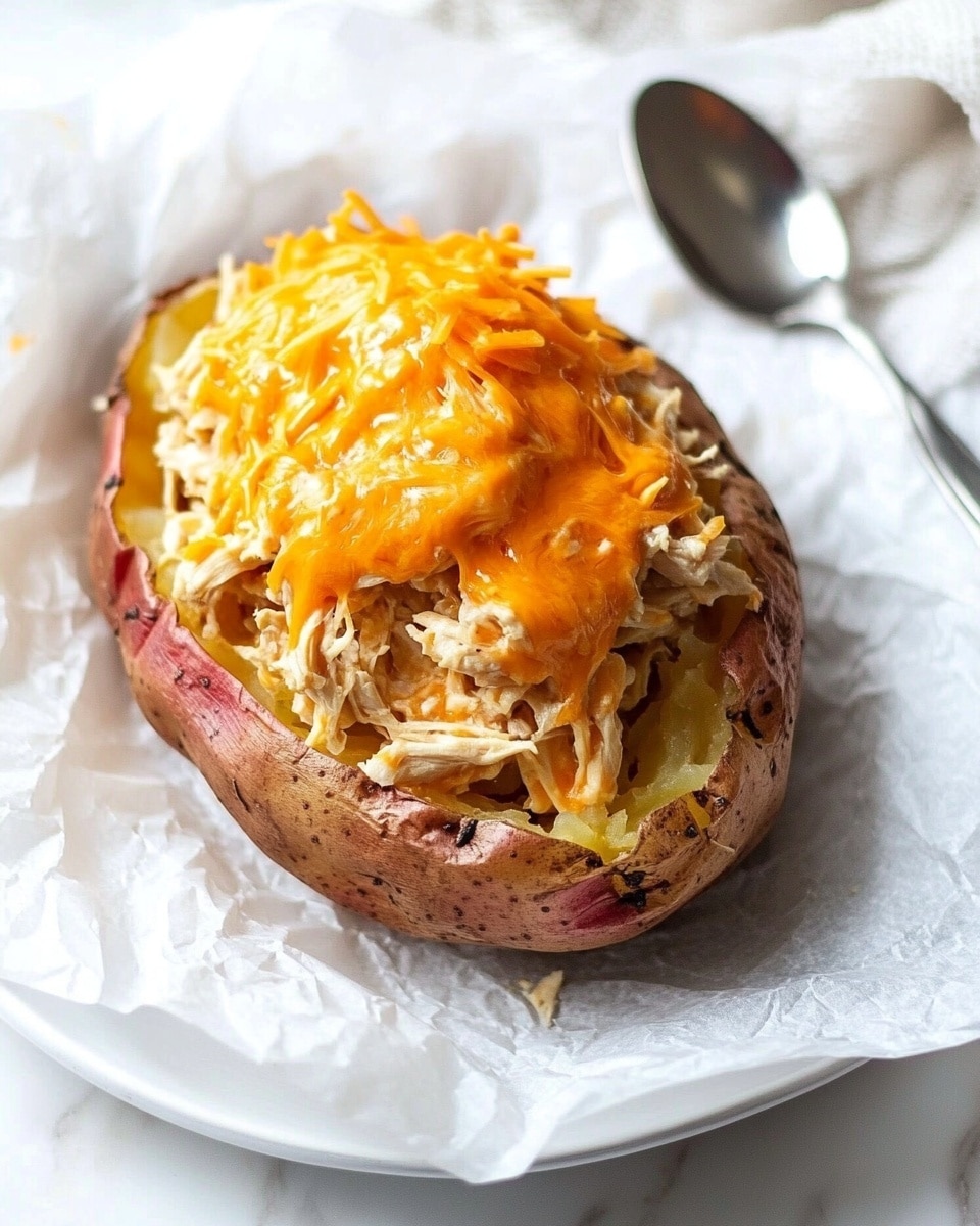 Cheesy Spicy Ranch Stuffed Baked Potatoes, stuffed baked potatoes with ranch and cheese, spicy ranch baked potato recipe, cheesy potato casserole, easy stuffed potato meals A baked potato with a rough, brown skin forms the base layer, placed inside white paper lining a white bowl. On top of the potato is a thick, generous layer of shredded chicken, pale beige in color with a soft texture. The chicken is covered with melted cheddar cheese that is bright orange, gooey, and drips slightly down the sides of the chicken and potato. In the background, there is a soft, white marbled surface with a white cloth partially visible. A silver spoon rests beside the potato inside the bowl.