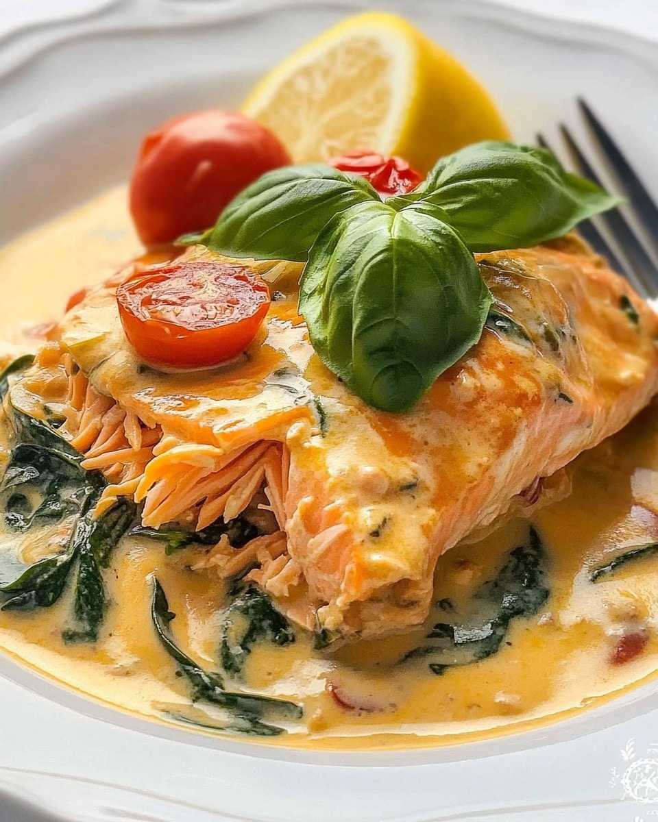 A close-up of a black frying pan filled with several pieces of cooked salmon. The top layer shows a piece of salmon being lifted by a silver spatula, covered in a creamy orange sauce with small cherry tomatoes and green spinach leaves scattered throughout. The sauce is thick and coats the salmon and nearby pieces evenly, with colors ranging from light orange to creamy yellow, dotted with fresh green herbs. The salmon fillets have a golden-brown sear on the top surface, showing a slightly crispy texture. The background includes a white marbled surface with a blurred white bowl of orange vegetables. photo taken with an iphone --ar 4:5 --v 6.1