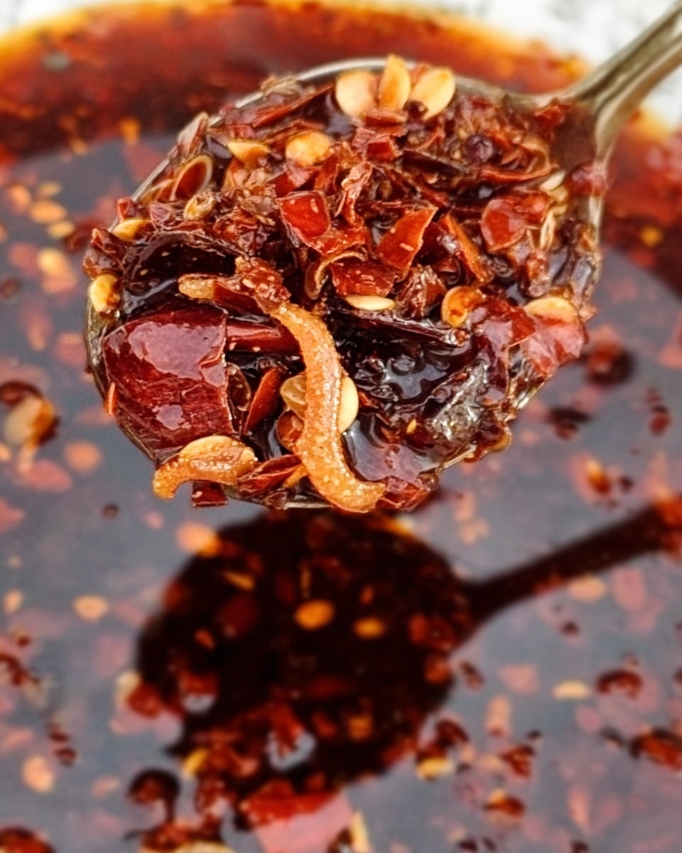 The image shows a close-up of dark reddish-brown sauce with visible chili flakes and tiny seeds at the bottom of a white bowl. On top of this sauce, there are many curly, thin, deep brown fried strands being poured in from the top left. Among the strands, there are also a few light brown, thinly sliced pieces that look crunchy. The texture of the sauce is oily and glossy, with red chili specks spread throughout. The background is a white marbled texture. Photo taken with an iphone --ar 4:5 --v 7