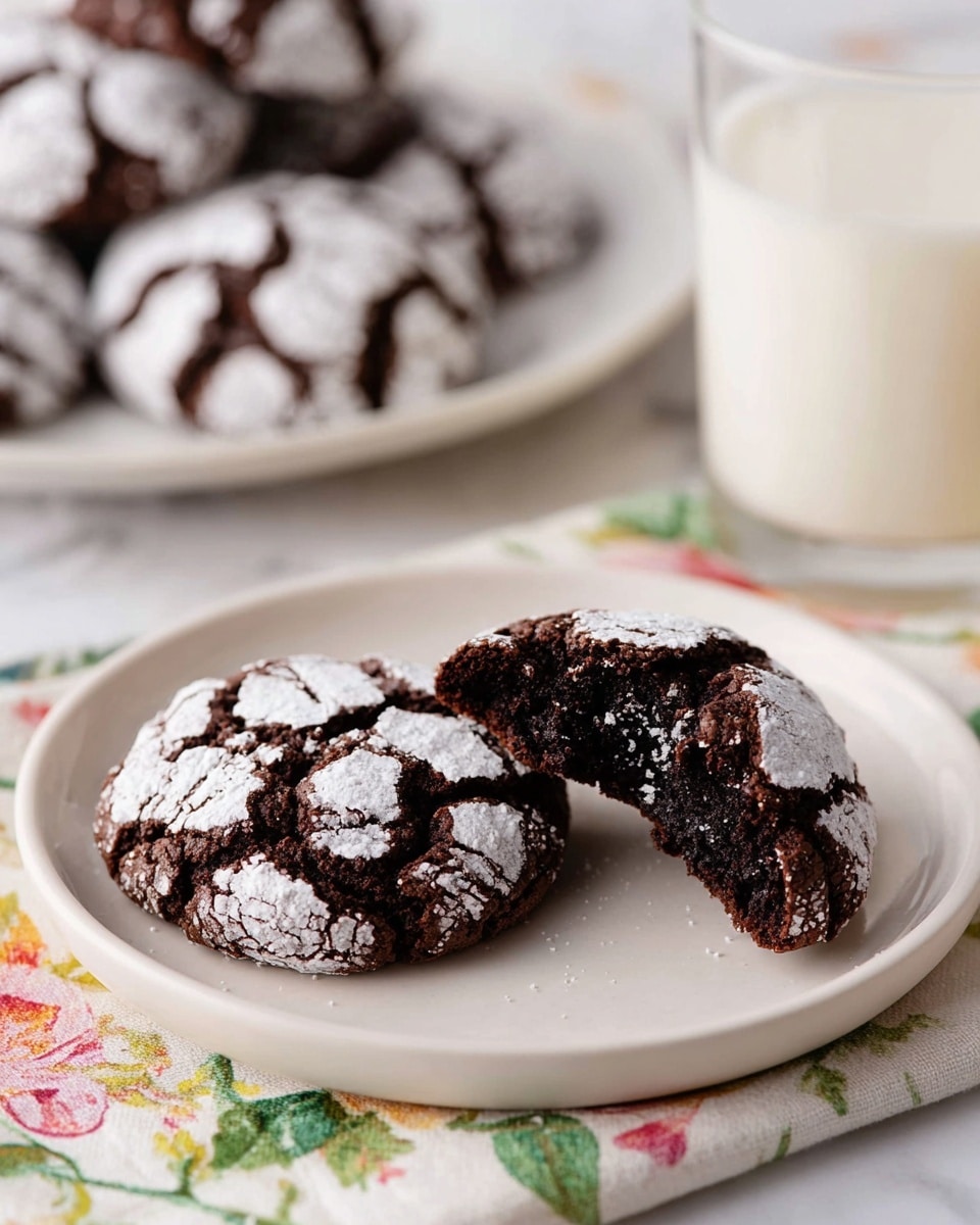 A close-up image shows two cracked chocolate cookies with white powdered sugar sprinkled on top, placed on a smooth white plate. One cookie is whole while the other is broken in half, revealing a dark, soft inside with a moist texture. In the background, there is a larger white plate with more cookies piled up, and to the side, a glass filled with white milk. All items are set on a cloth with a light floral pattern, all on a white marbled surface. photo taken with an iphone --ar 4:5 --v 7