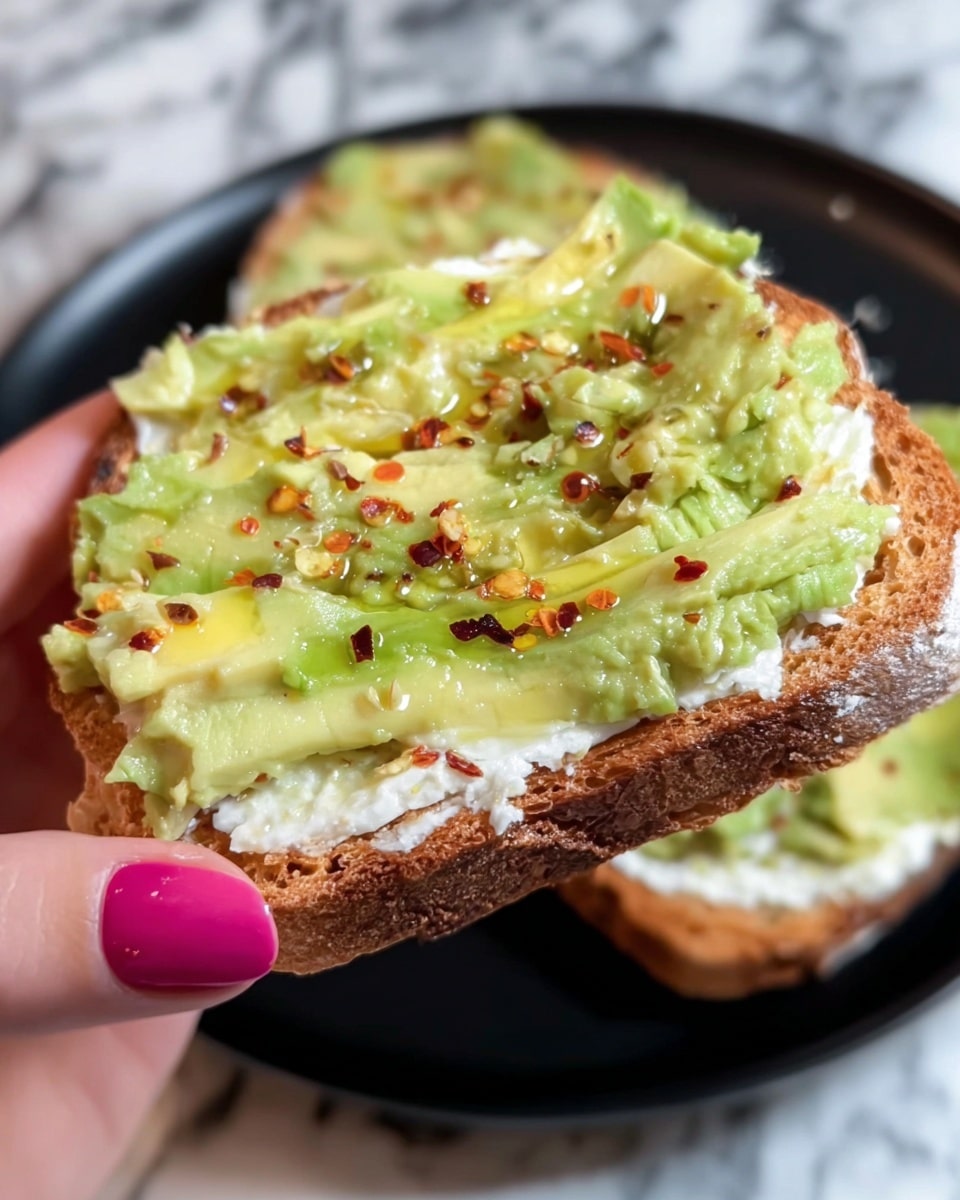 A single slice of toasted bread sits on a white plate, with a thick base layer of smooth white spread covering the entire slice. On top, there is a generous, uneven layer of pale green creamy mixture, giving a soft, fluffy texture. Small drops of golden olive oil are drizzled across the green layer, adding shine and richness. Scattered finely over the top are small red chili flakes, adding tiny spots of vivid red color that contrast with the creamy green and white layers. The plate rests on a white marbled surface. photo taken with an iphone --ar 4:5 --v 7
