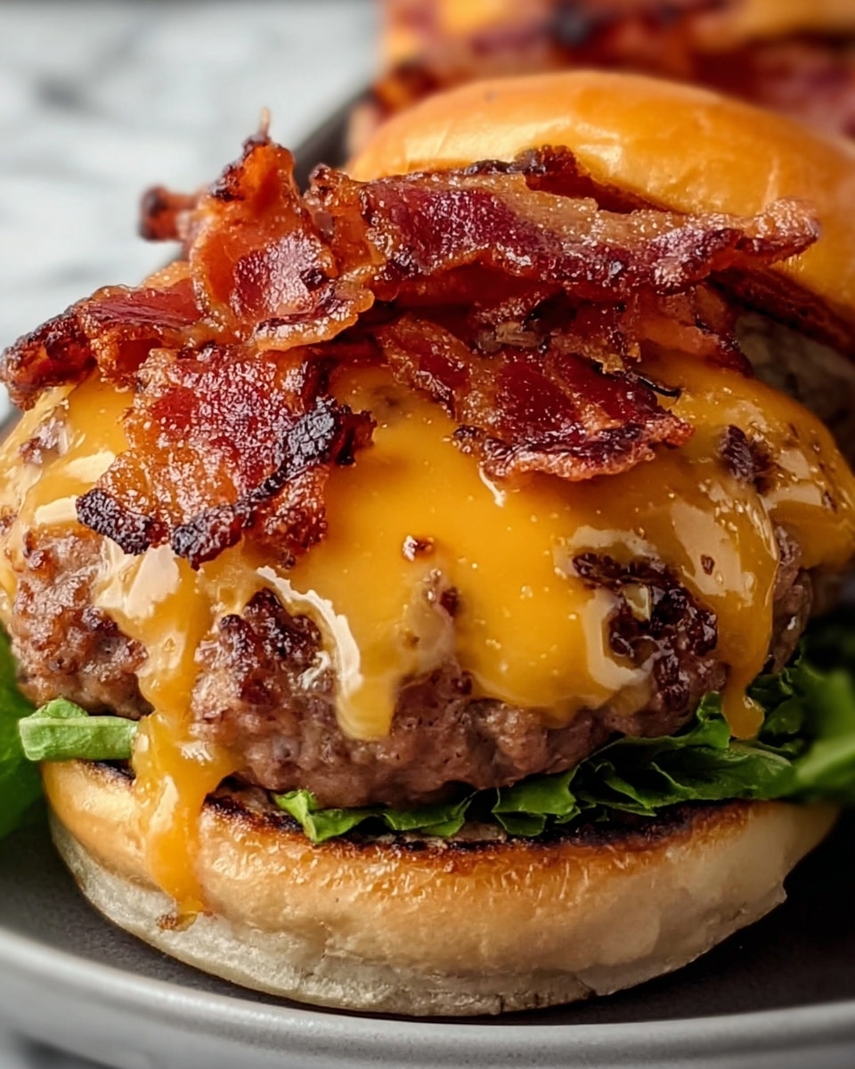 A close-up view of a thick cooked burger patty topped with a rich melted orange cheese layer that drapes over the sides, with several crispy reddish-brown bacon strips arranged on top. The burger sits on a bed of fresh green leaves, all placed on a clean white plate over a white marbled surface. The textures show the juicy, slightly rough cooked meat contrasted with smooth, shiny melted cheese and crunchy bacon strips. Photo taken with an iphone --ar 4:5 --v 7
