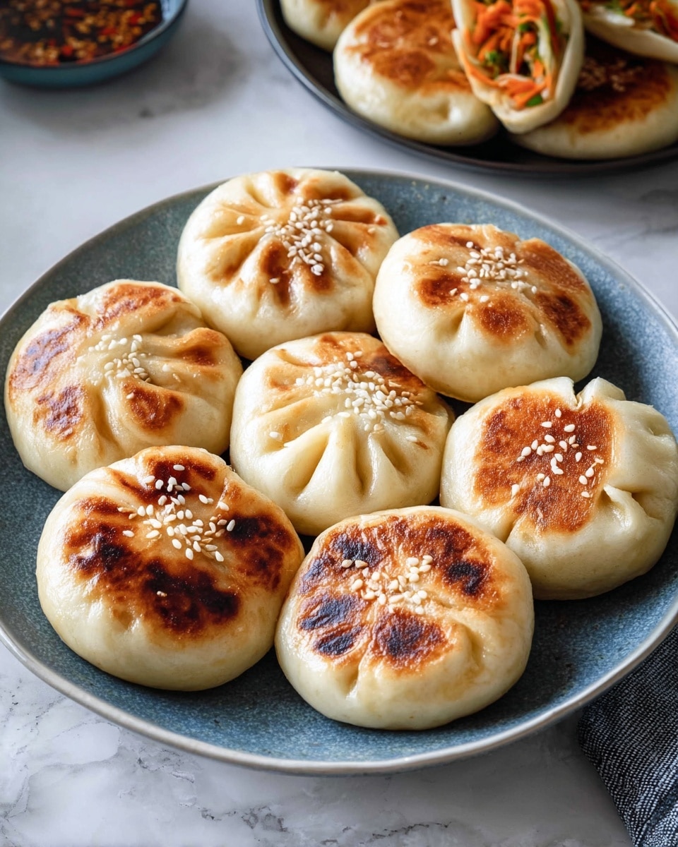 A white round plate holds ten golden brown pan-fried buns arranged close together in a circular pattern. The buns have a soft, slightly puffy texture with some showing pleated folds on top while others have a smooth, browned surface sprinkled with white sesame seeds. The contrast between the light, fluffy dough edges and the darker, crispy browned spots adds depth. In the background, a white marbled surface is partially visible, along with part of another plate with sliced buns filled with orange and green vegetable layers. photo taken with an iphone --ar 4:5 --v 7